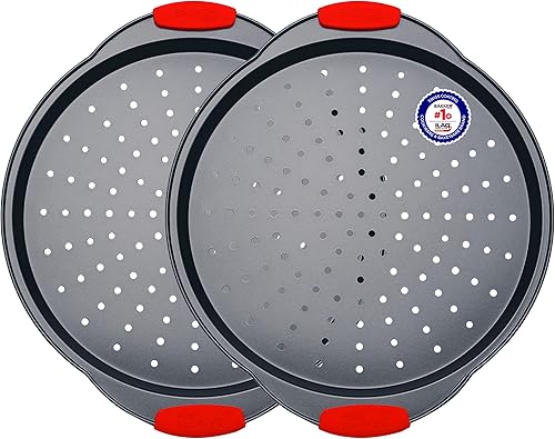 Pizza Tray 2 Round with Silicone Handles Carbon Steel Pizza Pan with Holes and Non-Stick Coating PFOA PFOS and PTFE Free by Bakken