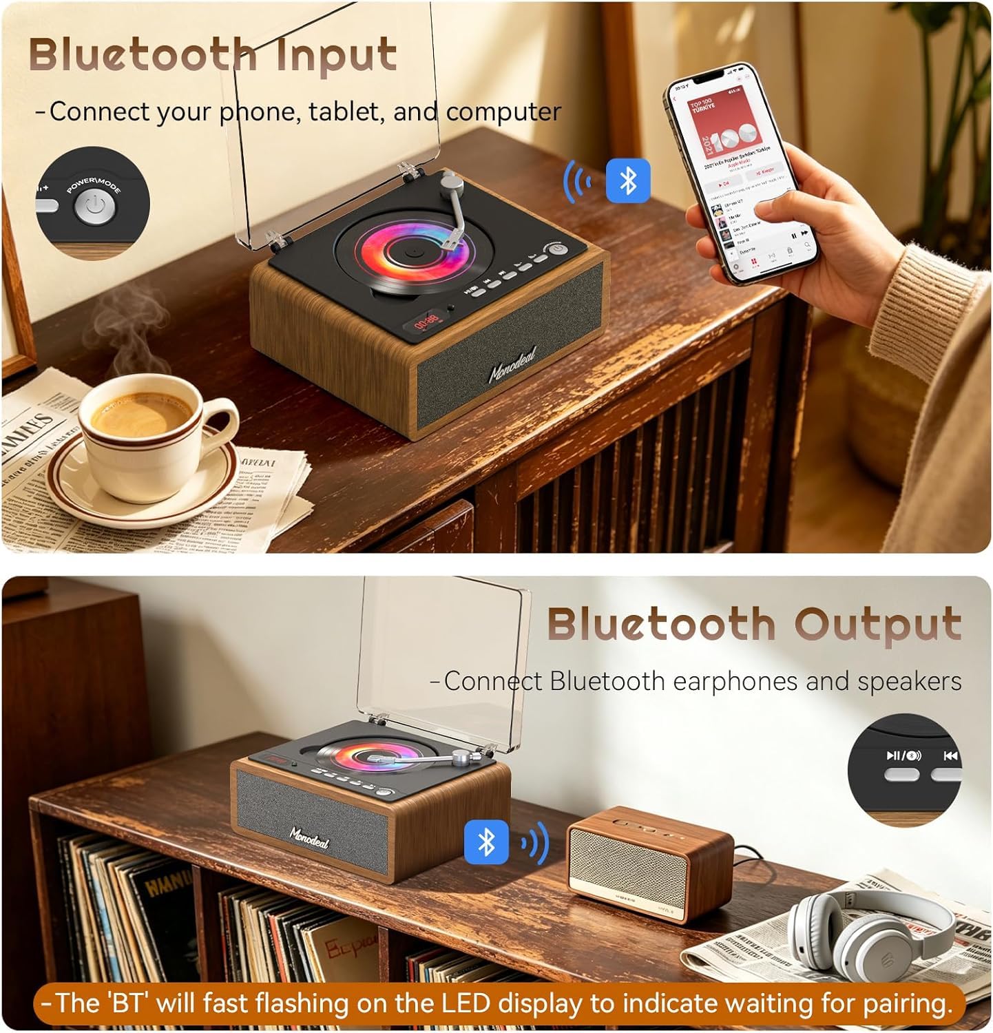 MONODEAl Retro CD Player Bluetooth mit Holz Case, HiFi Bass Boost | Wiederaufladbar Discman mit Fernbedienung und Sleep Timer, CD Player Tragbar mit USB/AUX Wiedergabe