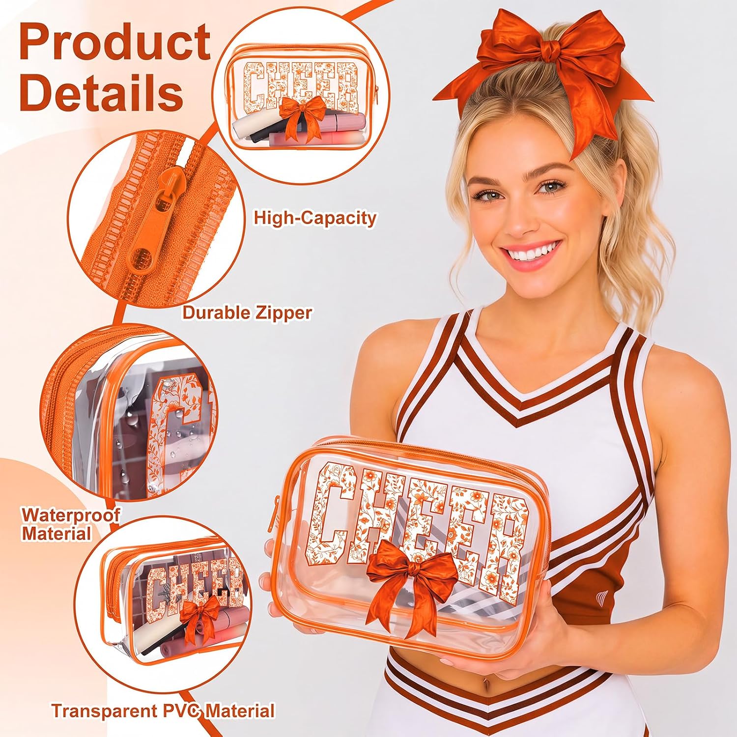 Tudomro 12Pcs Cheer Gifts Bulk for Team Cheerleader Makeup Bags, Orange image 3