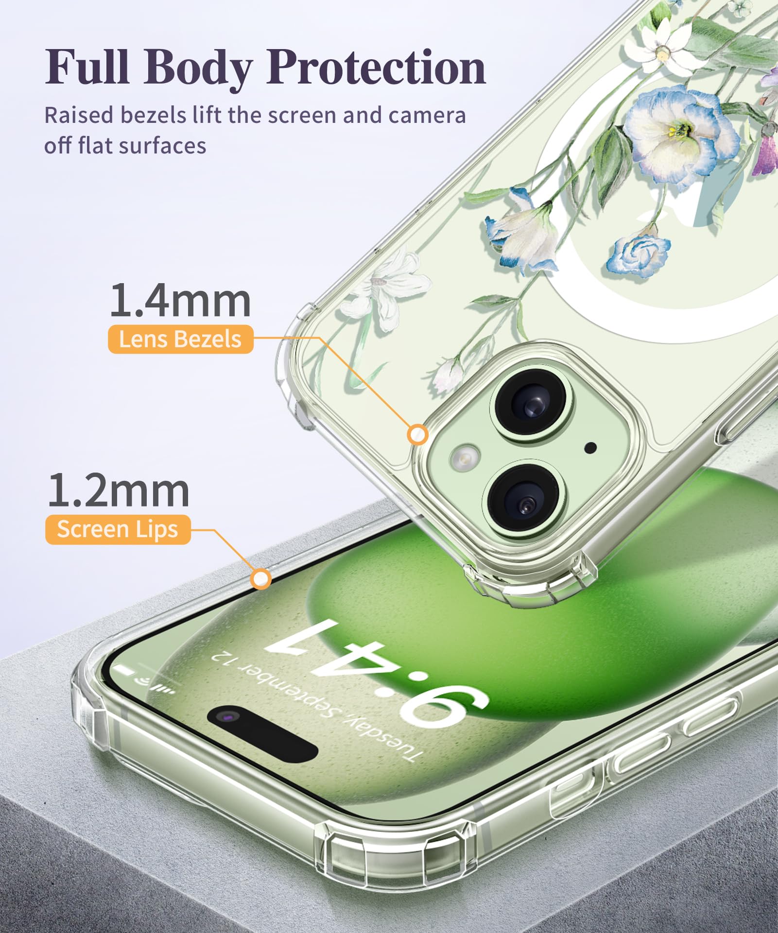 GVIEWIN Compatible With IPhone 15 Pro Max Case 6.7" 2023, With Screen Protectors Camera Lens Protectors, Non-yellow Flower Clear TPU Slim Bumper Shockproof Anti-Scratch Protective Cover,Magnolia/White - View #6
