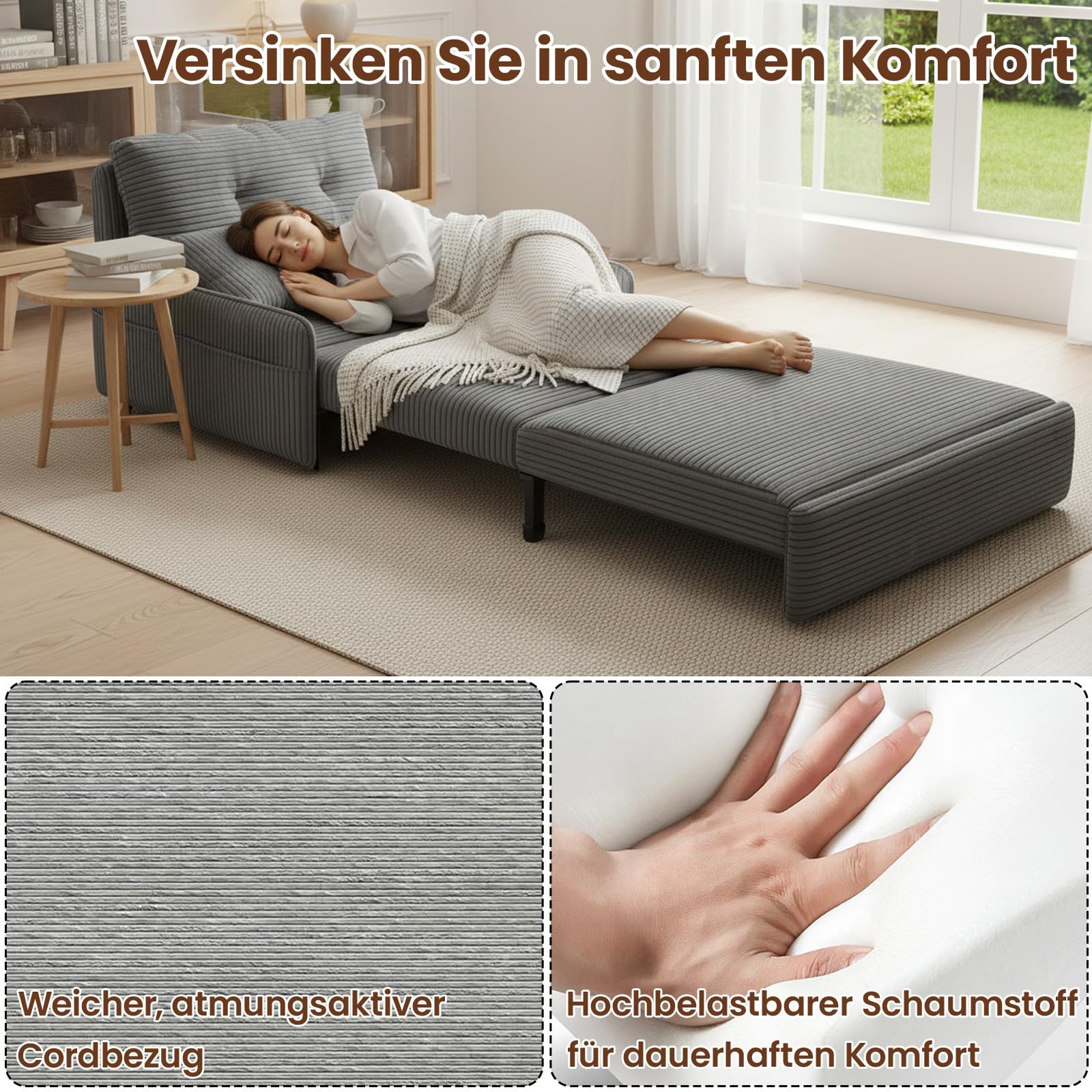 Generisch 3-in-1 Schlafsofa mit Bettfunktion und stauraum für kleinen Raum | Ausziehbares Einzel-Schlafcouch mit Kissen und Seitentasche Couch mit schlaffunktio für Gästezimmer und kleine Wohnung