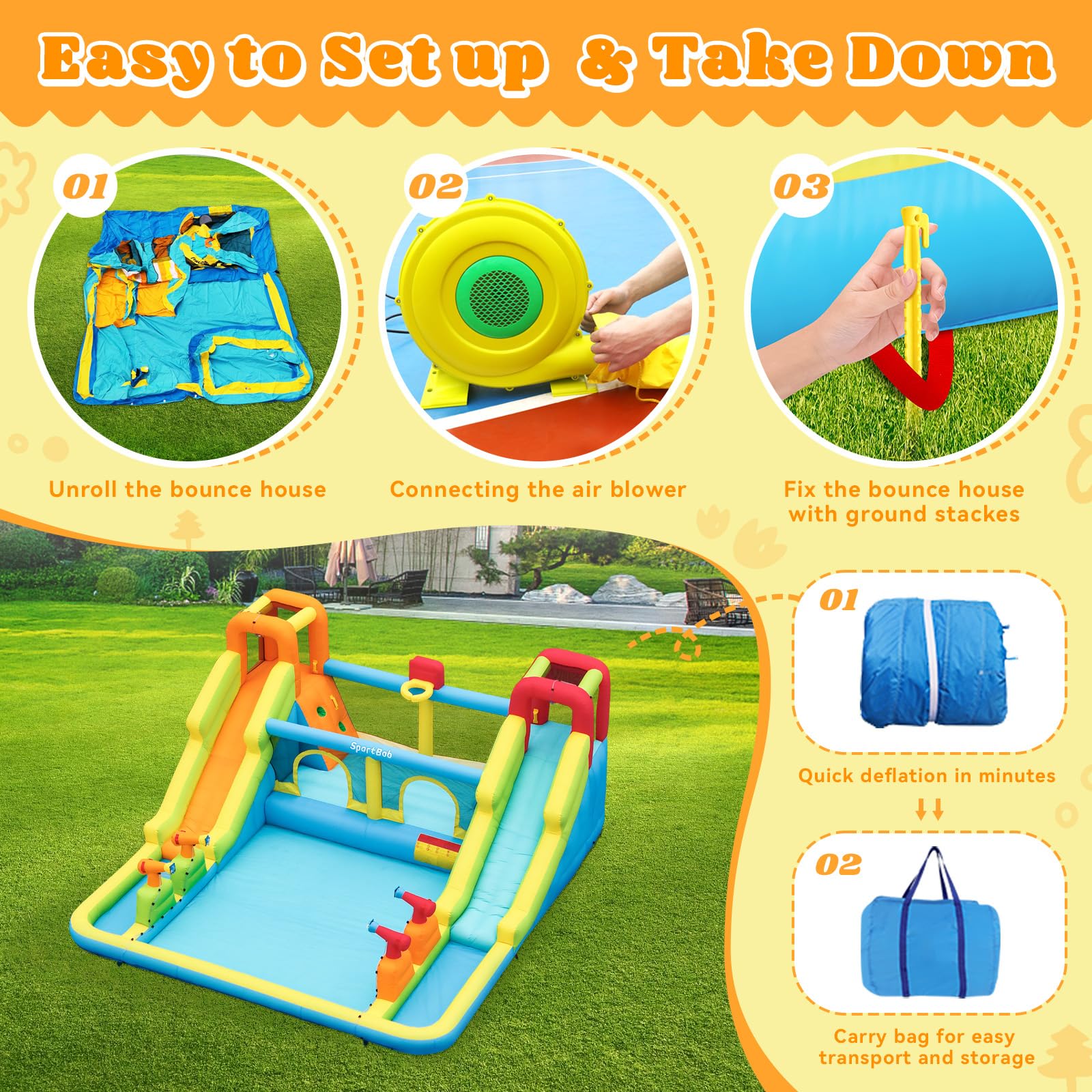 Castello Gonfiabile Grande con Acquatico Scivolo per Bambini, 452x416x210cm | con Piscina, 4 Cannoni Spruzzatori d'acqua, 2 Pareti Arrampicata, Trampolino, Canestro da Basket per Interno Giardino Esterno