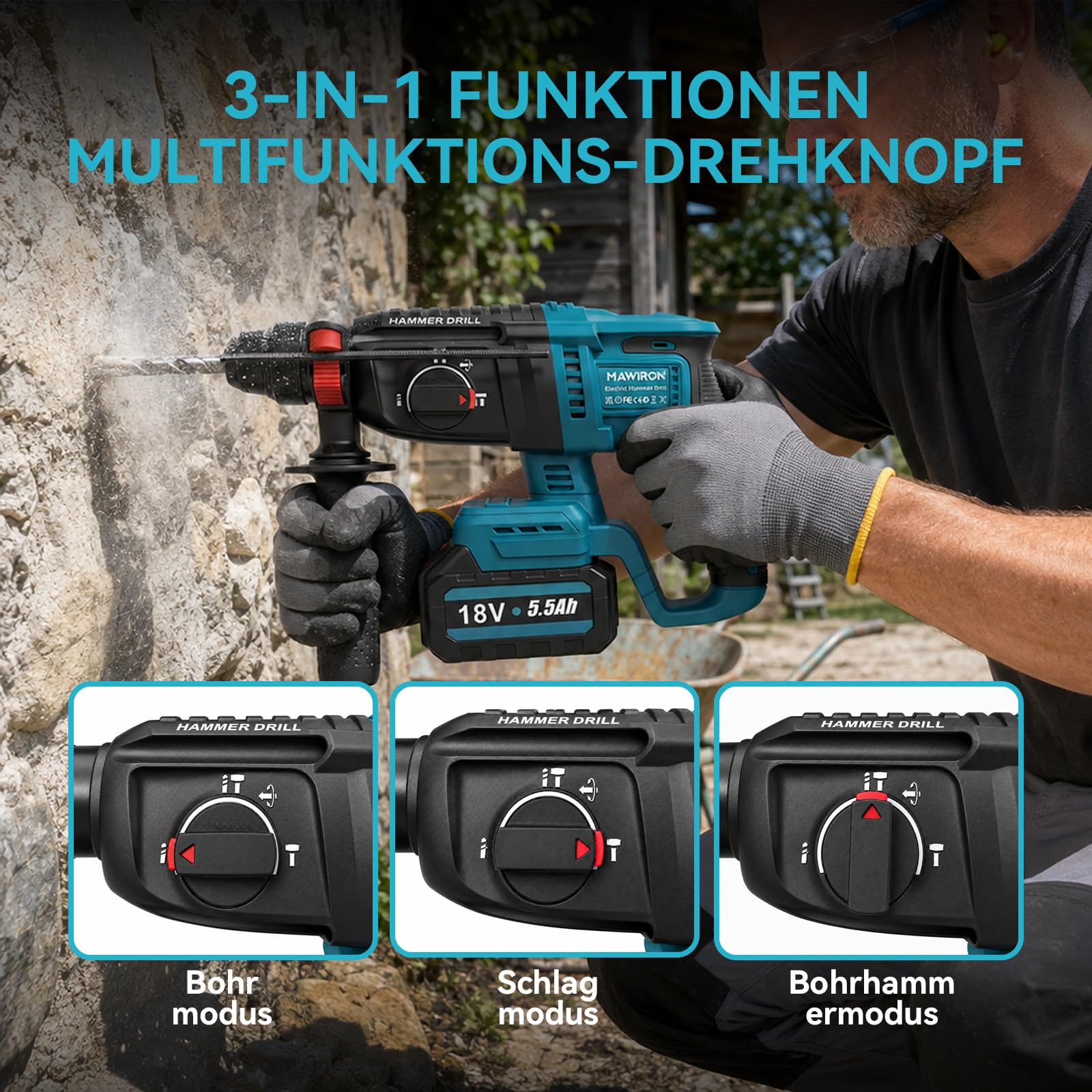 Martello perforatore a batteria SDS-Plus, motore senza spazzole, funzioni 3 in 1 (trapano/foratura a martello/scalpello), con 2 batterie da 5,0 Ah e caricabatterie rapido, potenza massima di foratura