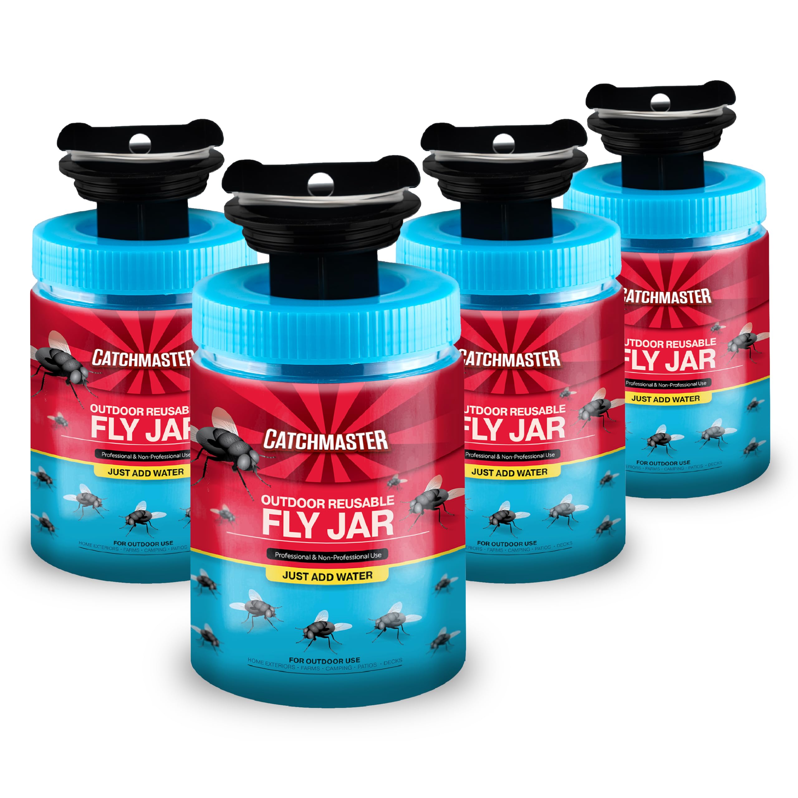 Catchmaster Outdoor Reusable Fly Traps Outdoor with Food-Based Lure Included – 4 Pesticide-Free Hanging Fly Jars – Bug Catchers for Yard, Patio & Trash – Sets Up in Seconds