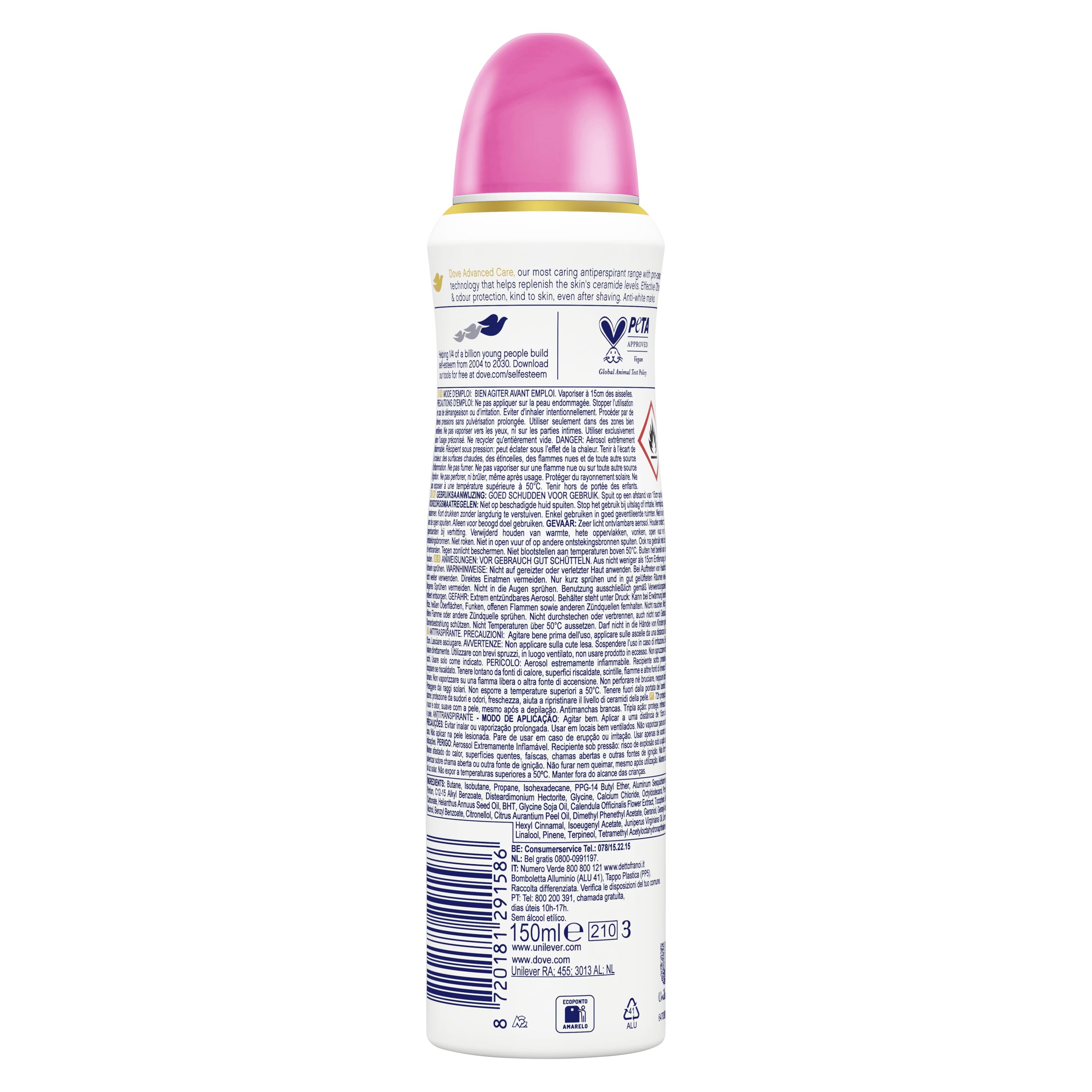 Dove Advanced Care Invisible Care dezodorant w sprayu z przyjazną dla skóry formułą nawilżającą, formułą przeciw plamom, suchość skóry do 72 godzin, dezodorant dla mężczyzn i kobiet, 6 sztuk 150 ml