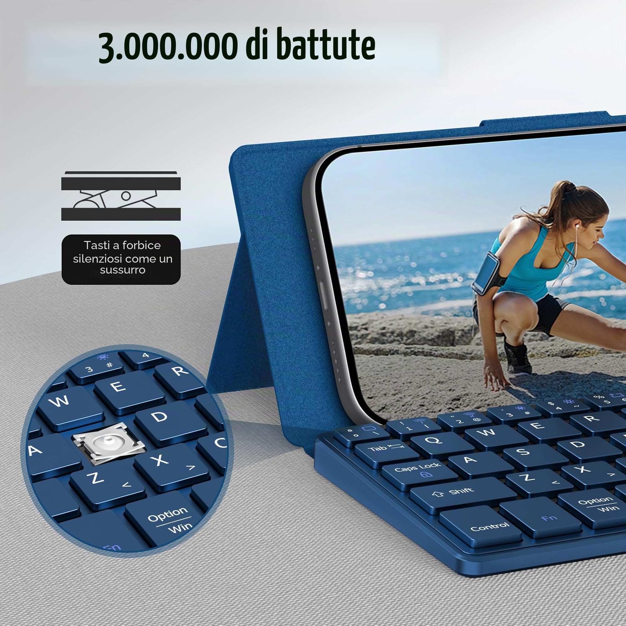 CACOE Tastiera Bluetooth con supporto, mini tastiera per telefono cellulare, tastiera portatile ultra piatta, pieghevole, doppio canale, per smartphone e più iOS Android Windows, blu mare