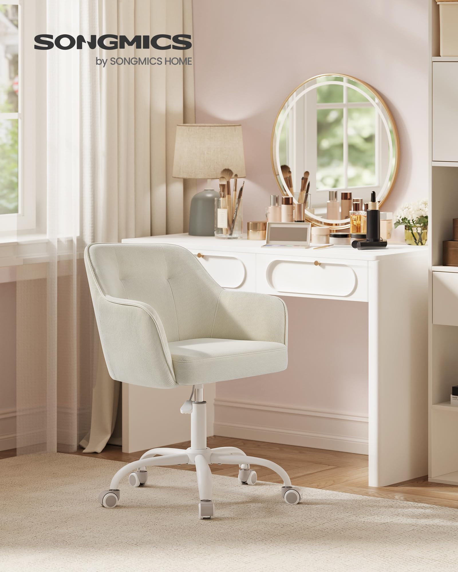 SONGMICS Sedia da Ufficio, Sedia Girevole, Regolabile in Altezza, Portante 110 kg, Struttura Acciaio, Tessuto di Velluto a Coste, Studio, Camera da Letto, Beige Sabbia OBG019LZ01
