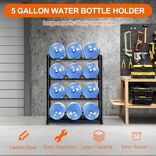 Miniatura 7 de Dispensador de agua de 5 galones, soporte para jarras de agua resistente y estante de almacenamiento de agua de 4 niveles con 12 ranuras para jarras