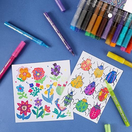 Miniatura 8 de Grabie 24 marcadores metálicos con purpurina, marcadores de pintura acrílica con purpurina de punta extrafina, tinta iridiscente de secado rápido a