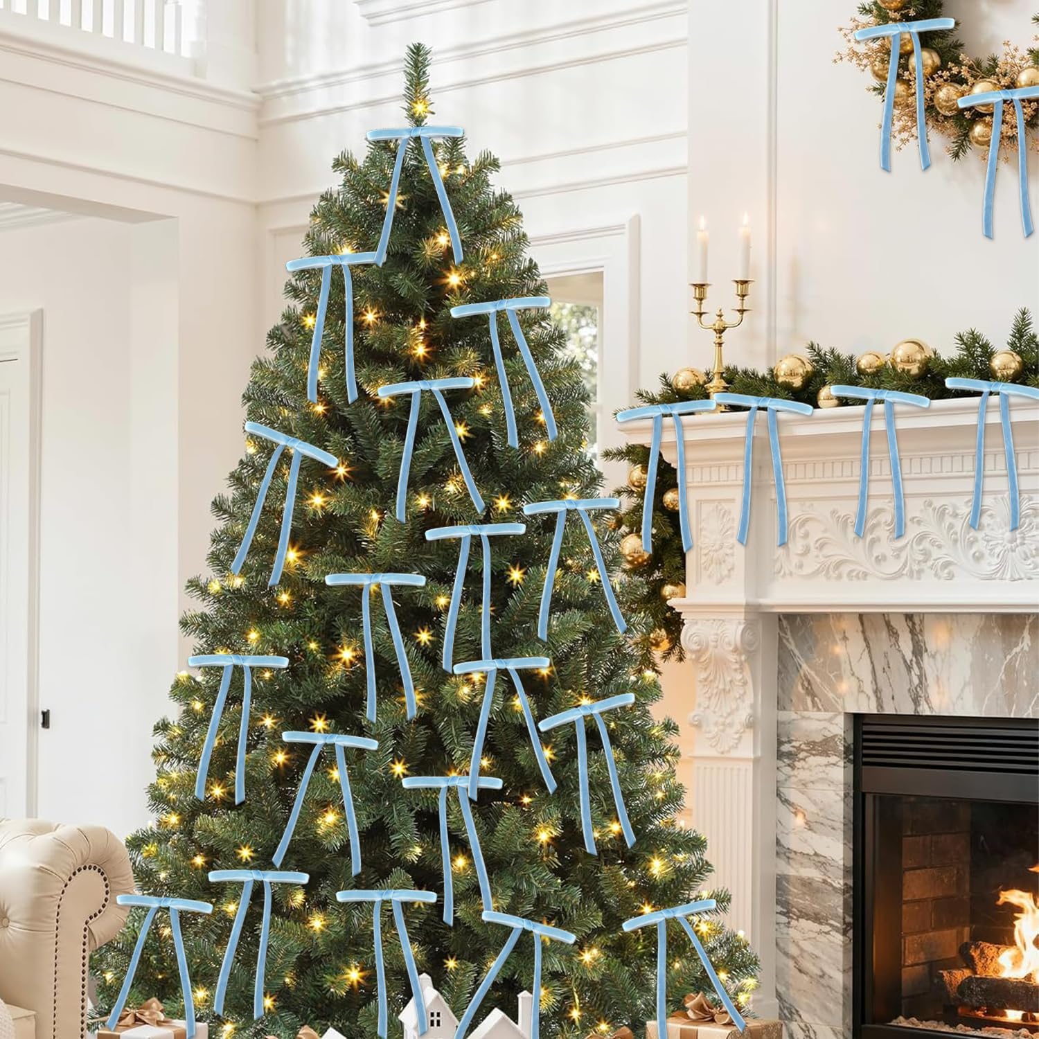 30 Pcs Blue Velvet Christmas Tree Bows for Christmas Tree Decorations, Blue Velvet Ribbon Bows Vintage Christmas Decor Ornaments for Christmas Tree, Wreaths,Garland, Gift Wrapping, Fireplace - Image 5