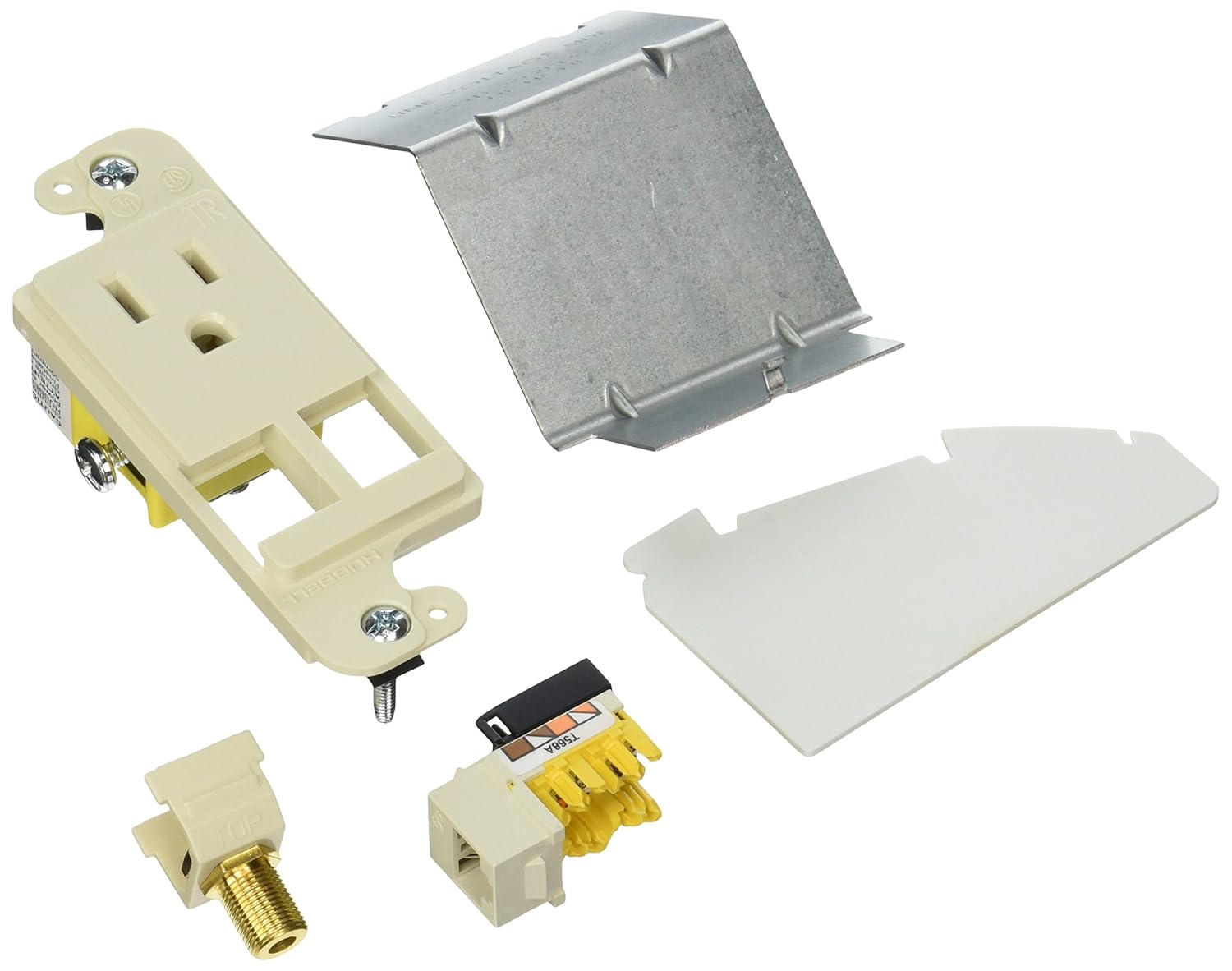 Hubbell Wiring Systems RJ650LA tradeSELECT JLOAD Tamper-Resistant Multimedia Outlet with Cat. 5e Jack and Coax F-Connector, Loaded, 15A, 125V, Light Almond