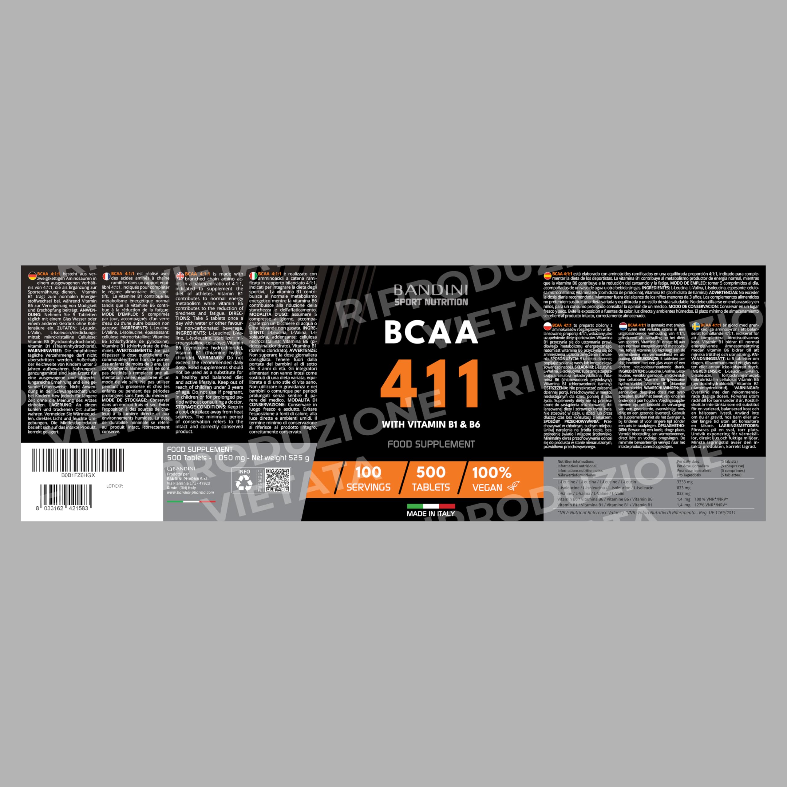 Bandini® AMINOACIDI RAMIFICATI BCAA 4 1 1 | 500 Compresse di Amminoacidi Fermentati con Vitamina B1 e B6 | 4.1.1 con Leucina, Isoleucina, Valina | Intra Pre Post Workout - Per Palestra e Sport - Vegan