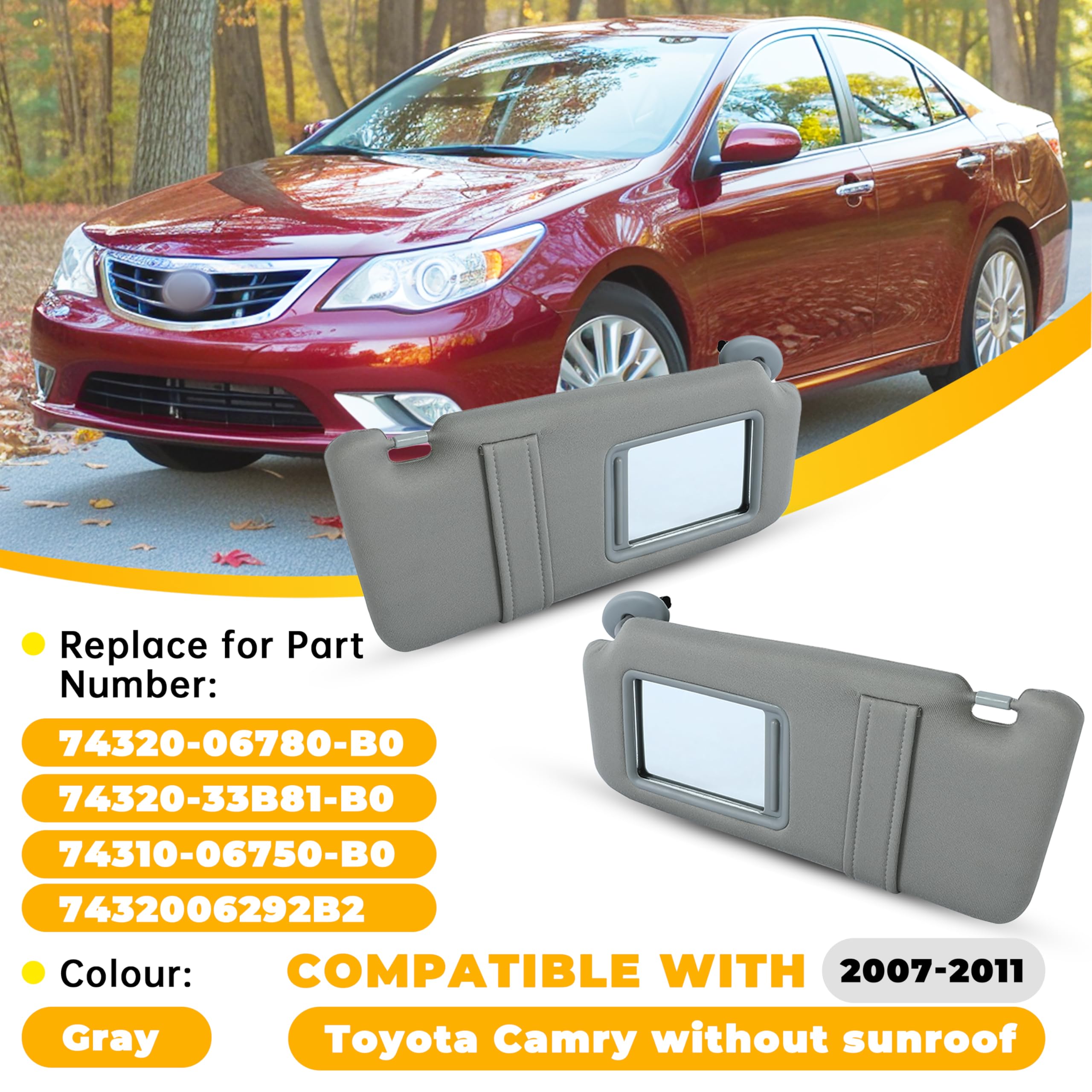 Replacement Sun Visors For Toyota Camry 2007-2011 (Driver & Passenger, Gray, No Light) - Fits OEM Part Numbers 74310-06750-E0, 74320-06780-B0