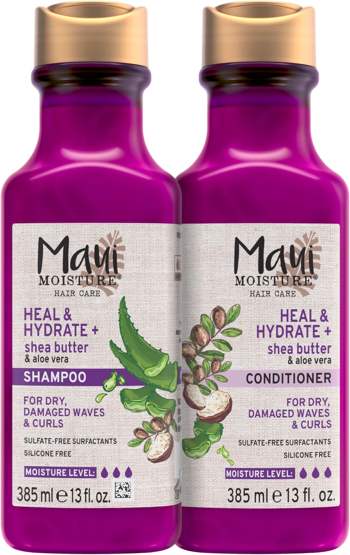 Maui Moisture Heal & Hydrate + Shea Butter Shampoo + Conditioner to Repair & Deeply Moisturize Tight Curly Hair with Coconut & Macademia Oils, Vegan, Silicone, Paraben & Sulfate-Free, 13 Fl Oz (Pack
