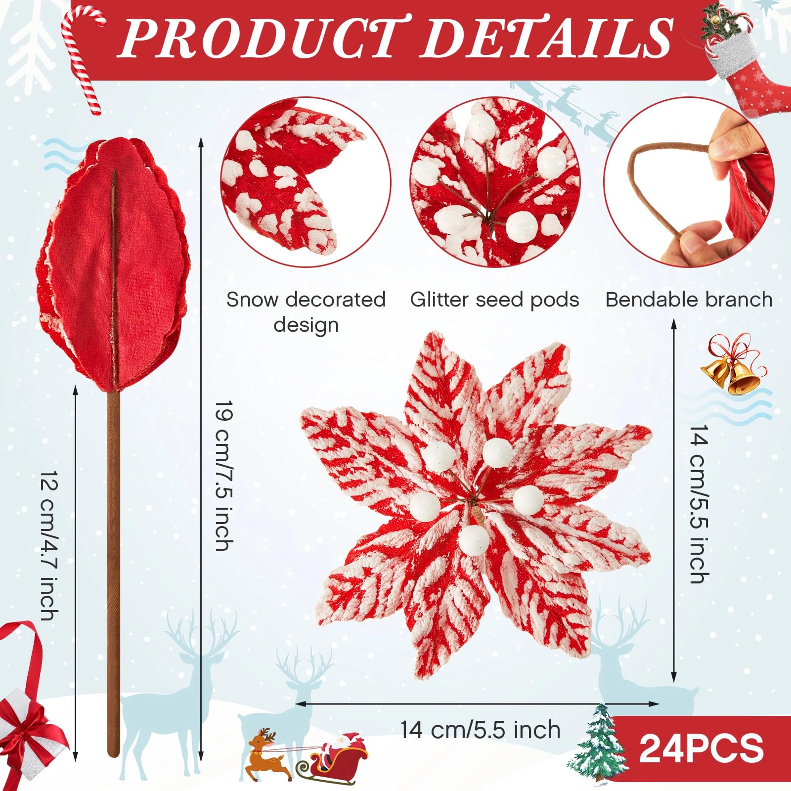 Künstliche Weihnachtsstern, Weihnachtsstern, Dekoration, Weihnachtsblumen, Schnee-Spray, Weihnachtsbaum-Plektren, dekorativer Weihnachtsblumenstiel für Weihnachtskranz-Dekorationen (24 Stück, 14 cm)