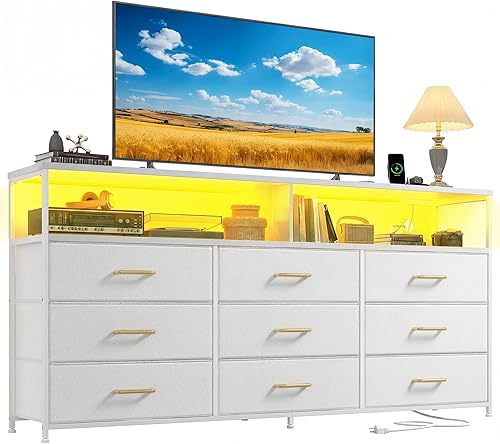 Cómoda blanca de 55 pulgadas de ancho para dormitorio con 9 cajones, soporte de TV LED con tomas de corriente para TV de 45, 55, 65 pulgadas, cómoda