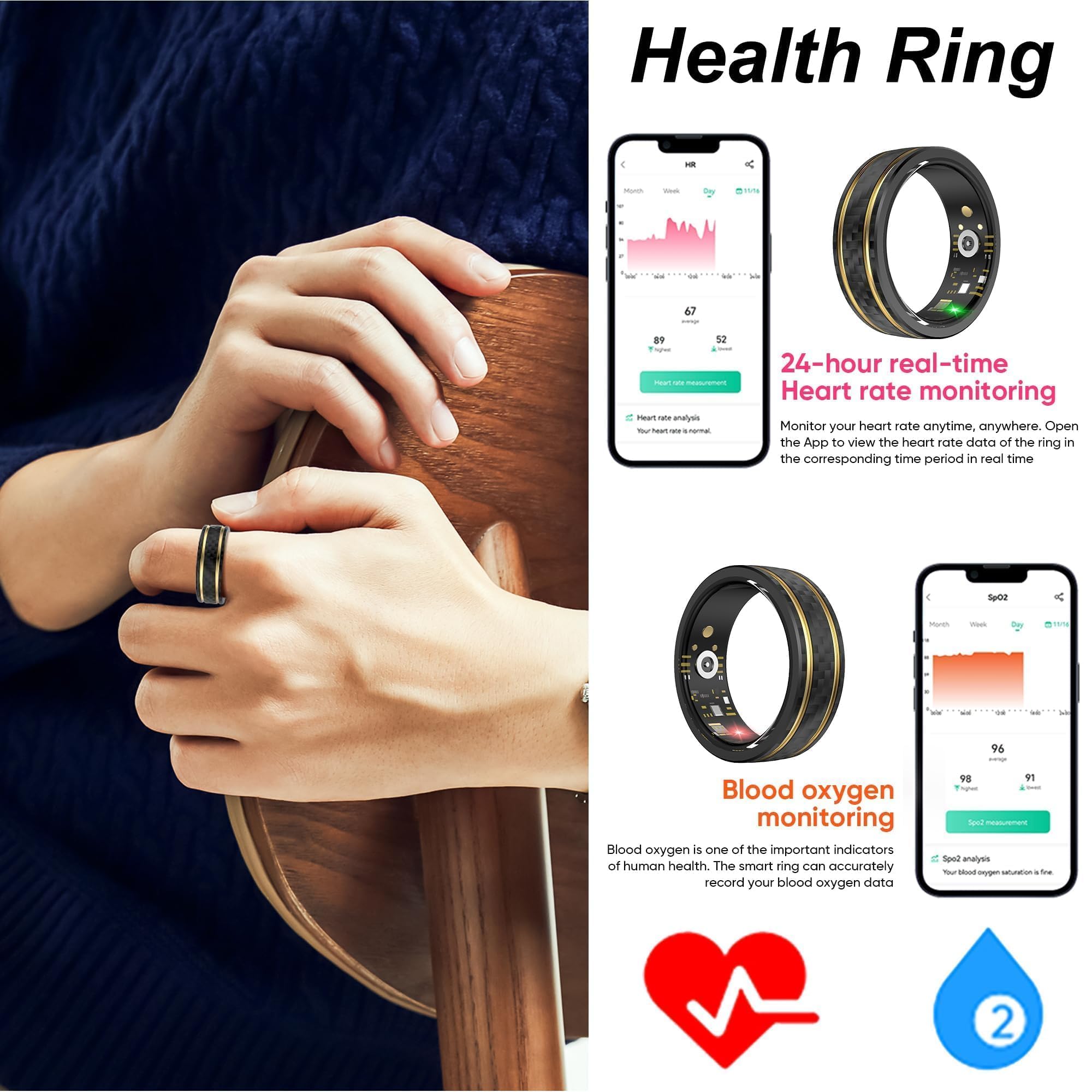 Bague intelligente moniteur de fréquence cardiaque, moniteur de pression artérielle, moniteur de sommeil, d'oxygène dans le sang, podomètre, compteur de pas, compteur de calories, bague de fitness