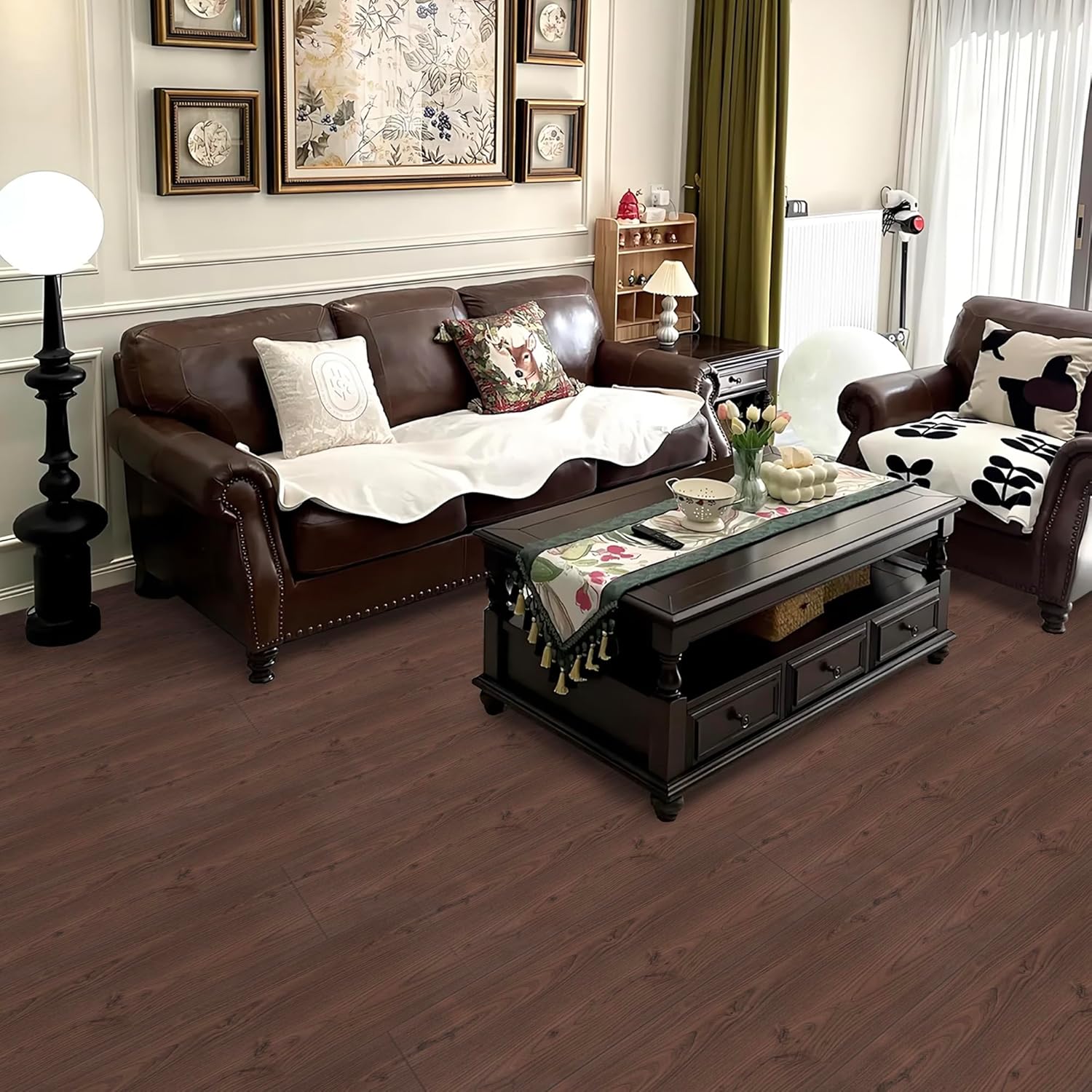 Peel and Stick Floor roll:12 * 413in Vinyl Flooring roll Waterproof,self-Adhesive Floor Tile Sticker for Bathroom/Kitchen/Bedroom/livingroom/Hallway(Walnut Brown)