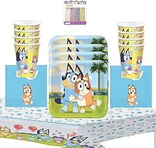 Bluey Party Supplies Pack Serves 16 Bluey Birthday Party Supplies: Bluey Dessert Plates Beverage Napkins Cups and Table Cover with Birthday Candles (Bundle for 16)