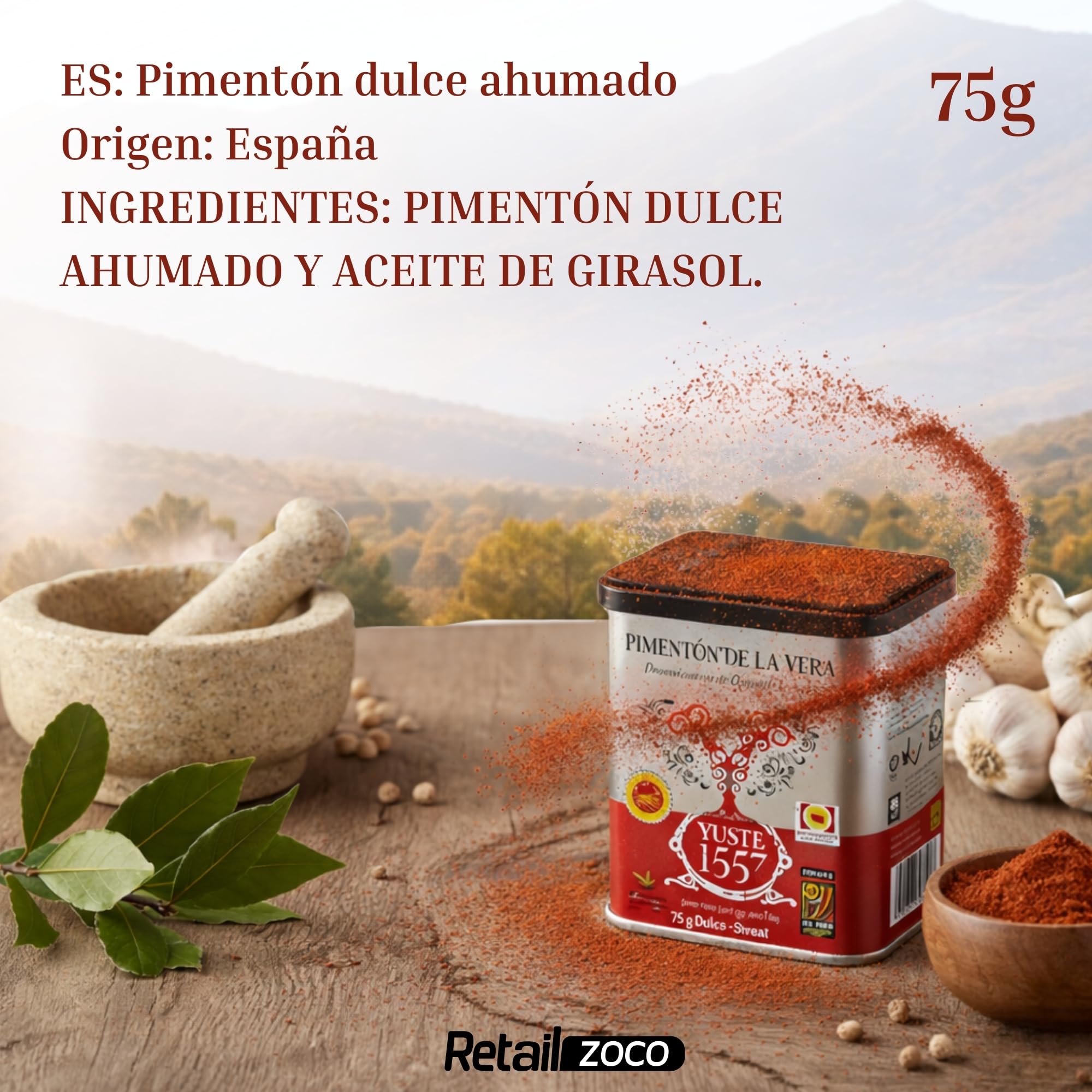 Pimentón de la Vera Ahumado Dulce, Denominación Origen Protegida, Pimentón Yuste 1557, Producido en Extremadura, Ideal para guisos, carnes, salsas, embutidos y platos tradicionales, 1 bote de 75 gr - imagen 4