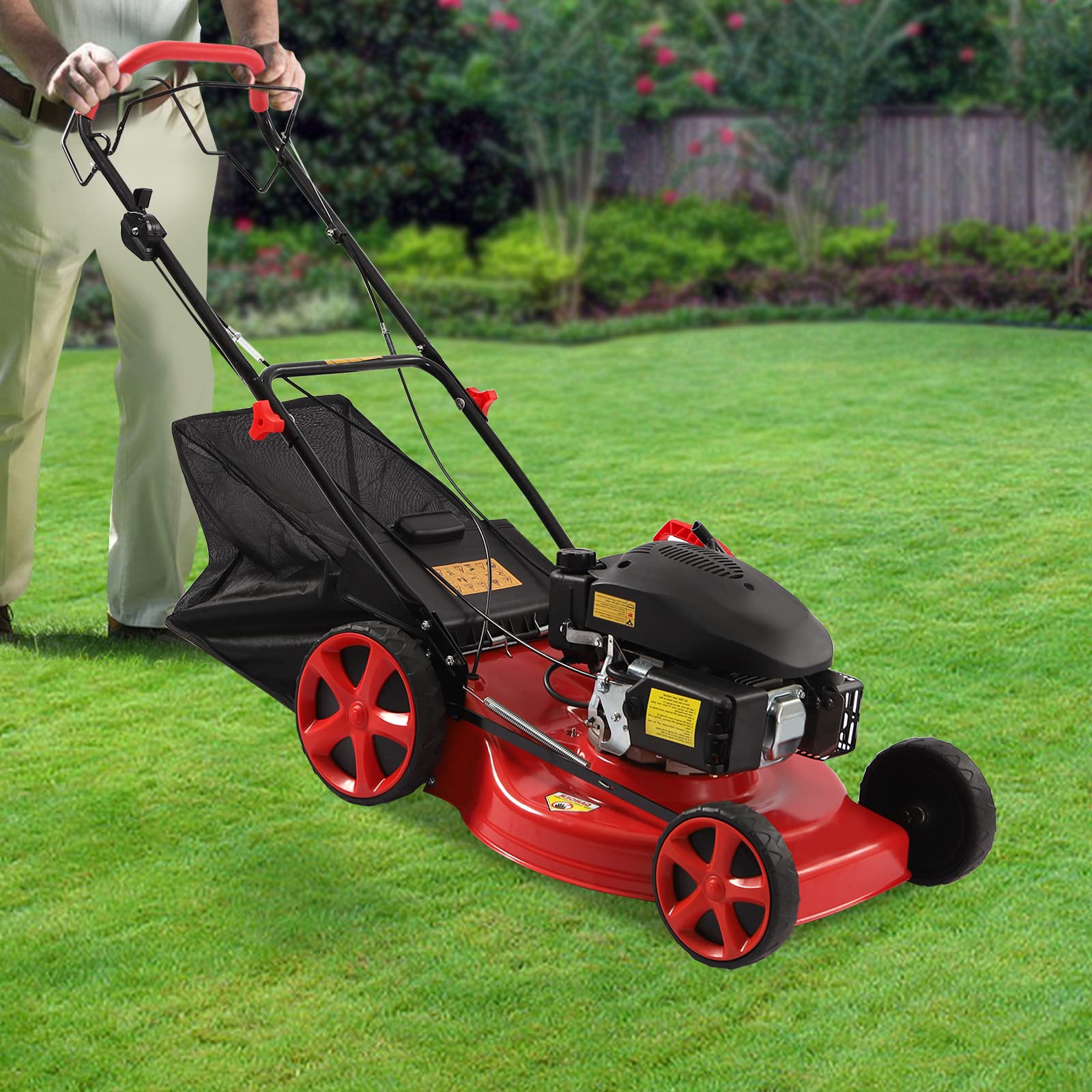 Cortacésped de gasolina, potente motor de 4 tiempos con 4 kW, ancho de corte de 51 cm, cesta de recogida de 60 l, ajuste de altura de 8 niveles, función de mantillo, tracción de ruedas, plegable