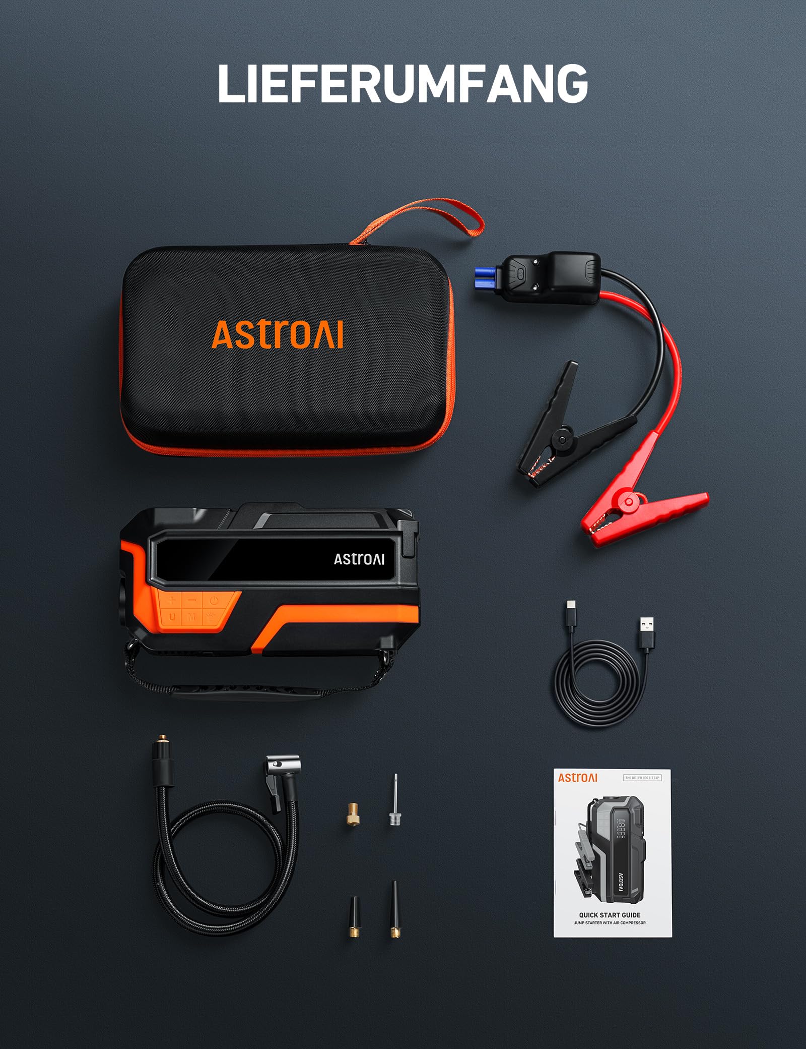 AstroAI Auto Starthilfe Powerbank für pkw mit 150PSI Kompressor, 8000A Starter Powerbank für 10 L Benzin / 8 L Diesel,für 12 V Autos, Motorräder, SUVs, Booster Auto Starthilfe mit LED-Display, Orange