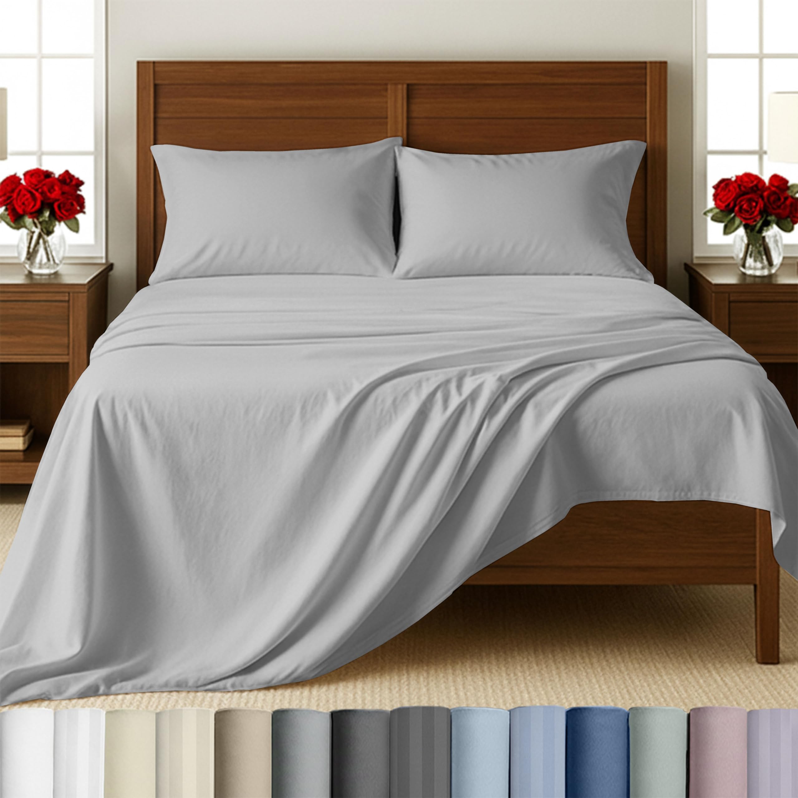 Cotton Sheets King Size Set, Soft 100% Cotton Sheets Deep Pockets, Snug Fit Elastic, 500 Thread Count Sateen, Premium Quality Bedsheet Set (Light Grey)