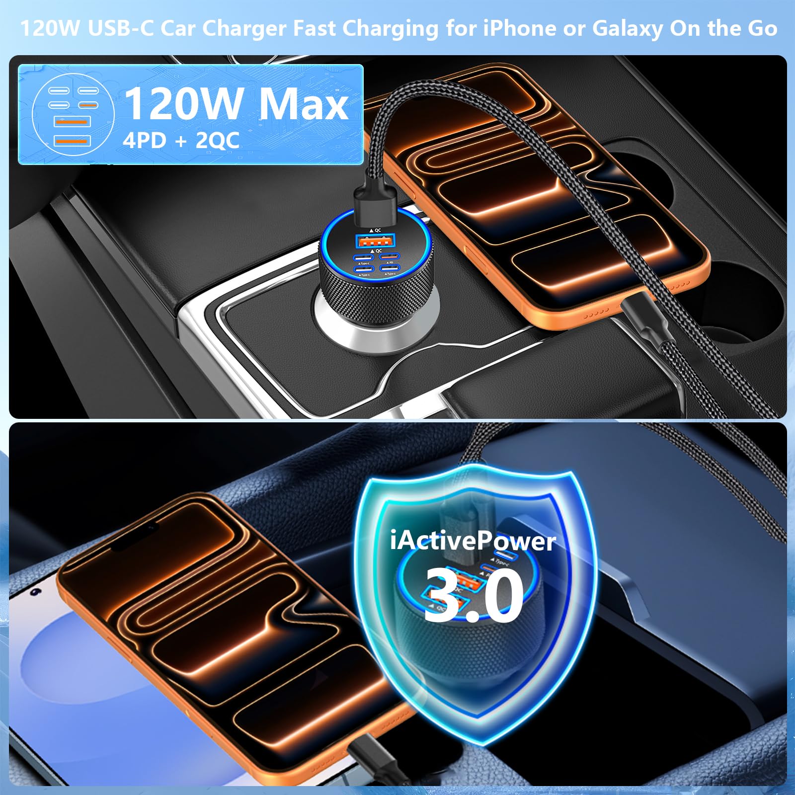 [Apple MFi zertifiziert] iPhone 17 Auto-Ladegerät, KYOHAYA 6-Port 120W USB-C&USB-A Strom-Zigarettenanzünder Schnellladung PD/QC USB-C Autoladegerät + Typ-C geflochtenes Kabel für iPhone 17/17 Pro/16