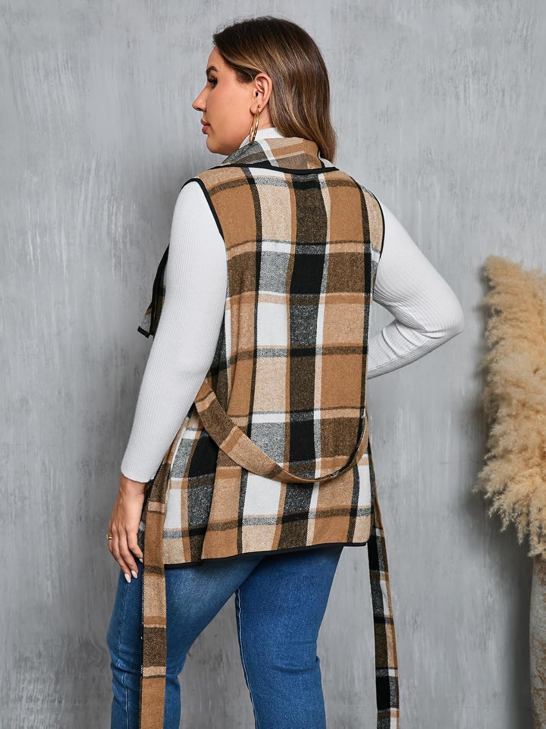 ZOMVA Women's Plus Size Plaid Long Vest Lapel Open Front Belted Sleeveless Shacket Casual Jackets Coat with Pockets Fall - Image 4