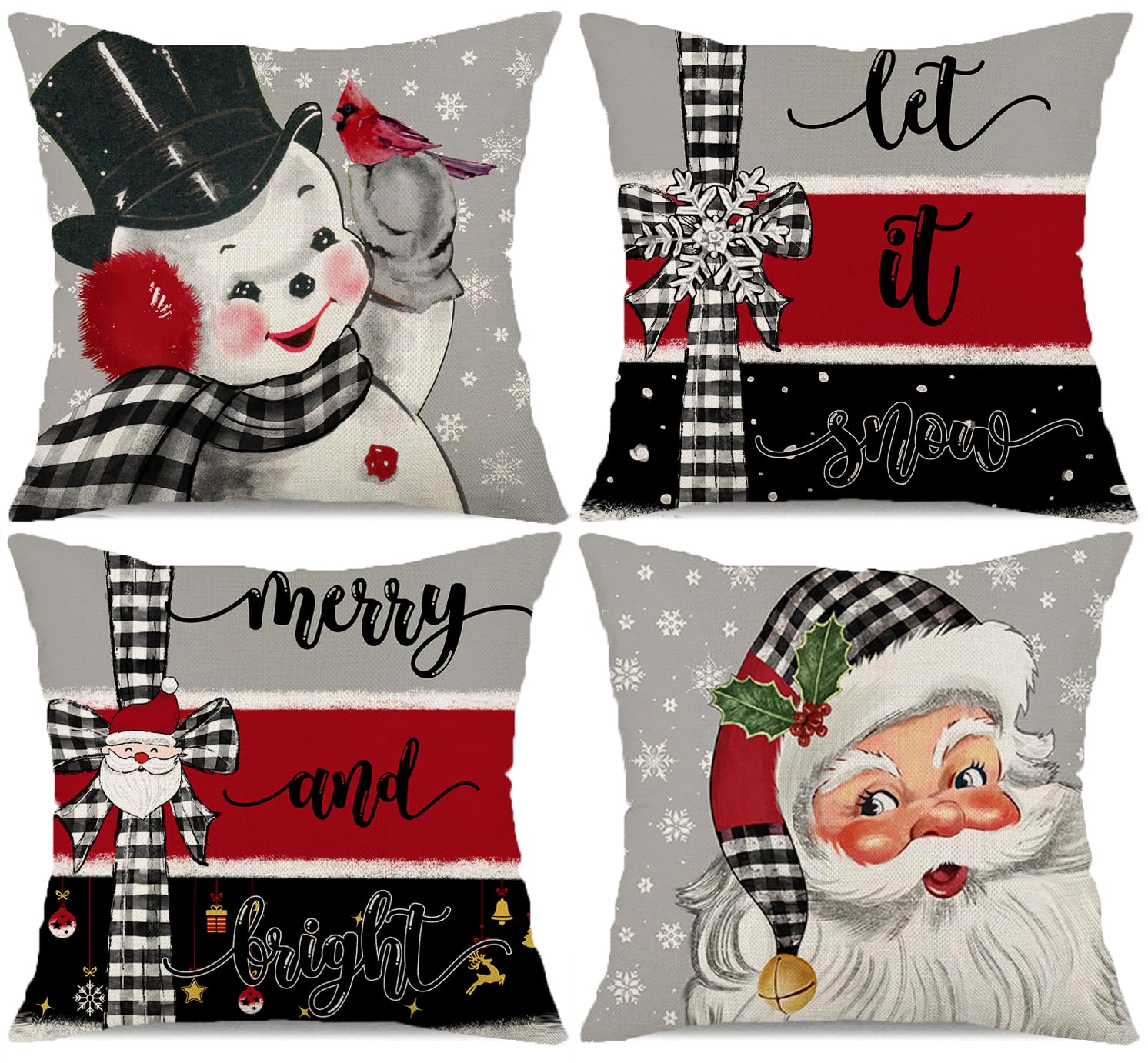 Kithomer Grey Buffalo Christmas Pillow Covers 16x16 Set of 4 Farmhouse Christmas Decorations Santa Snowman Snowflake Merry and Bright Let It Snow Holiday Throw Cushion Case for Sofa Couch