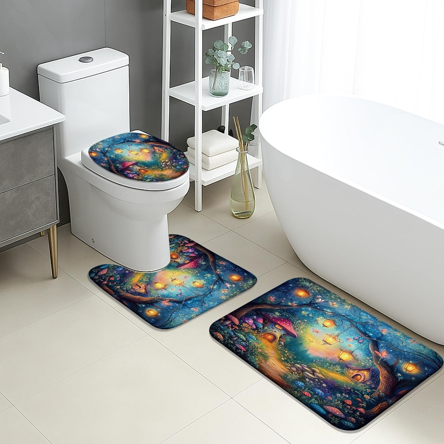Fanciful Bathroom Mat Sets 3 Piece, Enchanted Forest Lights Absorbent Non Slip Toilet Rugs U Shaped Washable, Fantasy Quick Dry Memory Foam Rug Set
