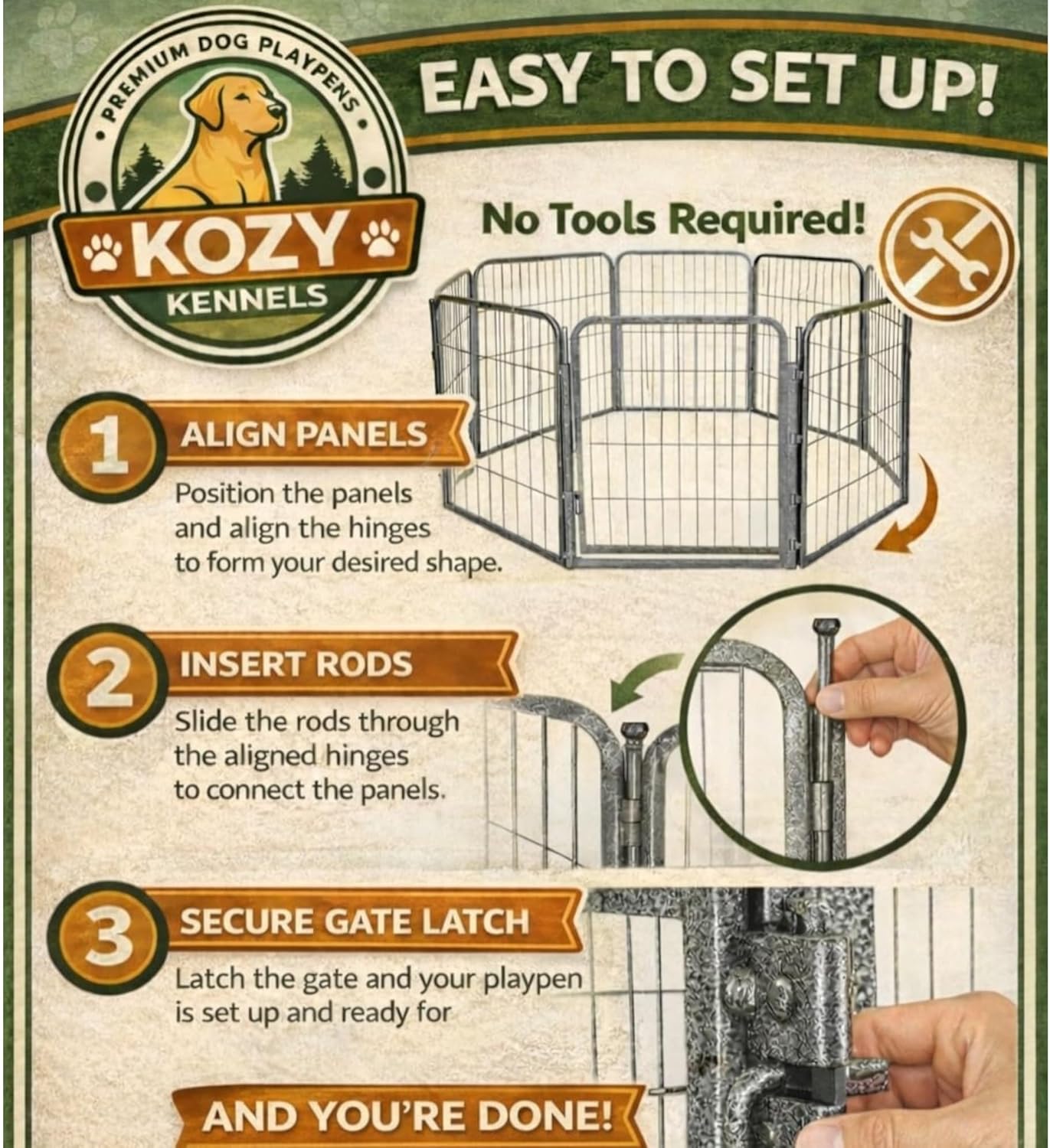 Dog Play Pen for Indoor Use - 24'', 8 Panels for Small and Puppy Size Dogs - Portable Grey PlayPen Kennel for House or Garage - Metal Heavy Duty Pet Fence with Anti-Slip Feet