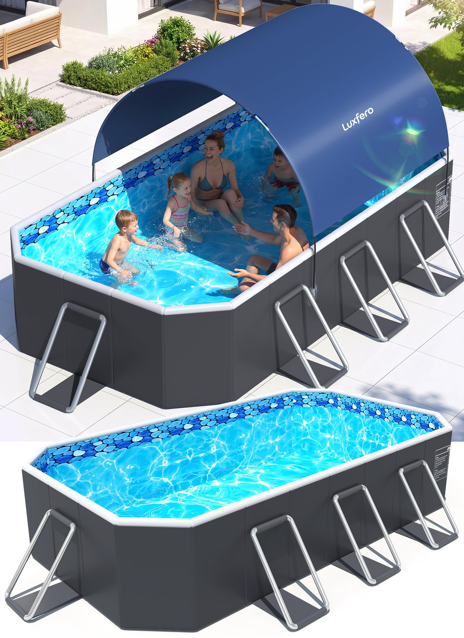 Luxfero Piscina Desmontable Rectangular con Toldo Solar, Piscina Desmontable Tubular Plegable, Piscina Rectangular de Exterior Épaissi, Fácil de Guardar Piscina para Adultos y Niños, 228 x 127 x 50 cm