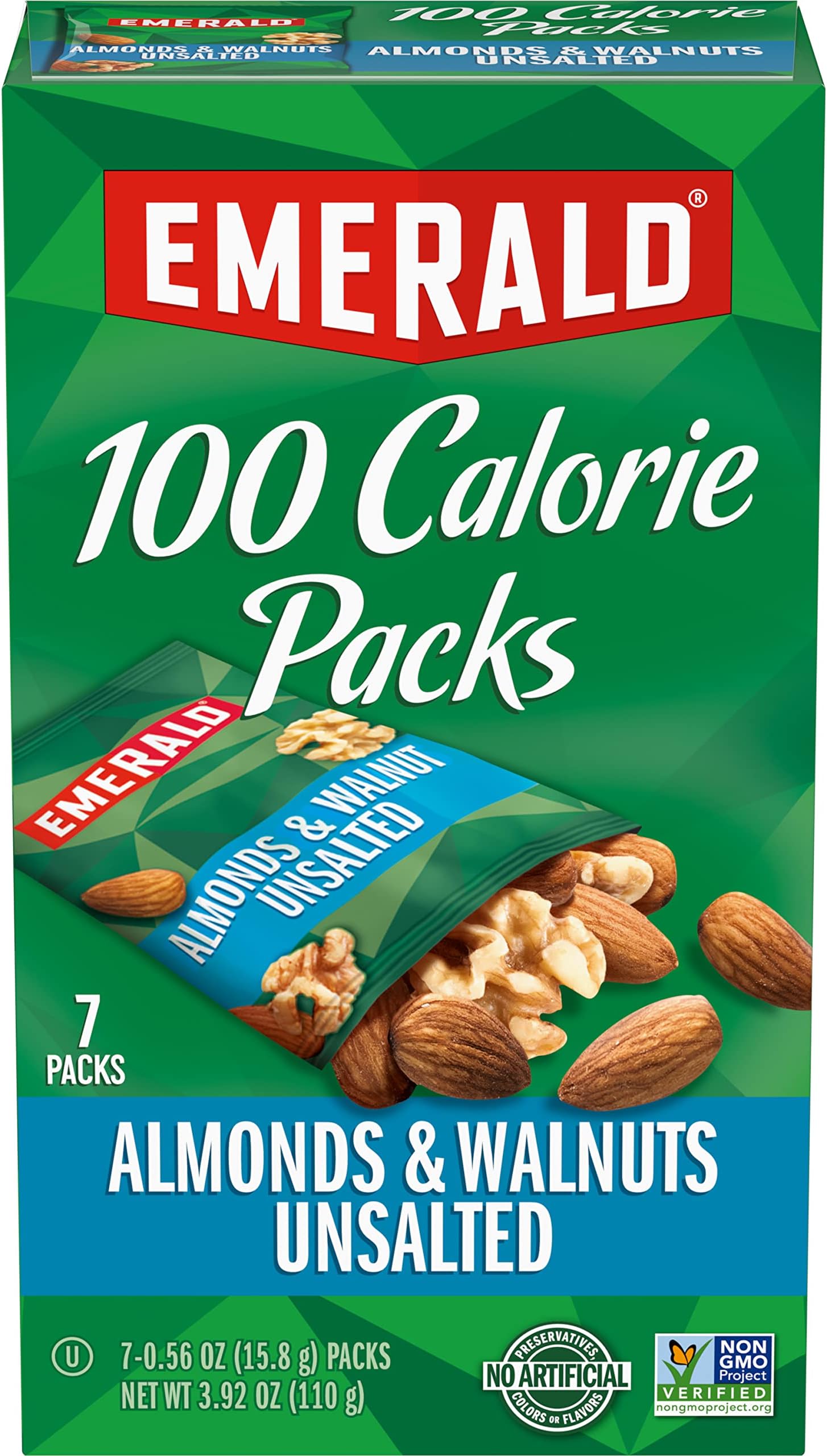 Emerald Nuts Unsalted Almonds and Walnuts 7 Ct (1-Pack), 100-Calorie Individual Packs of Nut Blend, Kosher Certified, Non-GMO, Contains No Artificial Preservatives, Flavors or Synthetic Colors