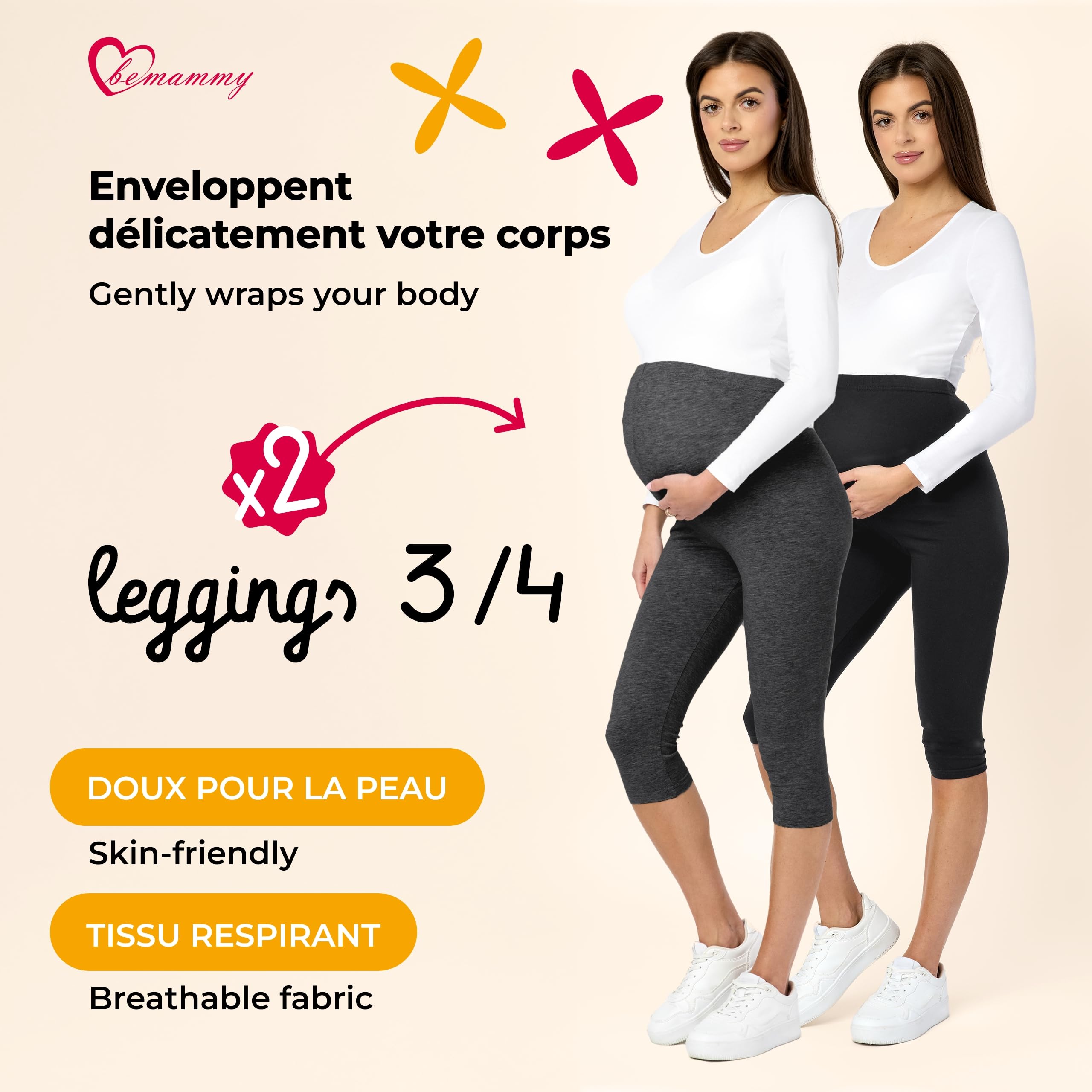 Be Mammy Leggings de maternité en Coton 3/4 Courts Confortables et Opaques 3/4 Pantacourt Pantalon Grossesse Maternité 2Pack BE20-229