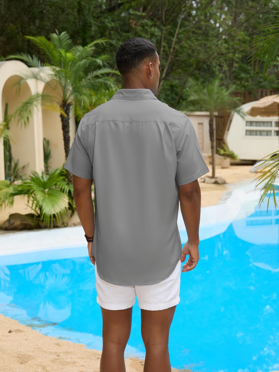 GSOU SNOW Mens Button Down Short Sleeve Shirt Quick Dry Men‘s Dress Shirts Casual Summer Beach with Pocket Grey - Image 3
