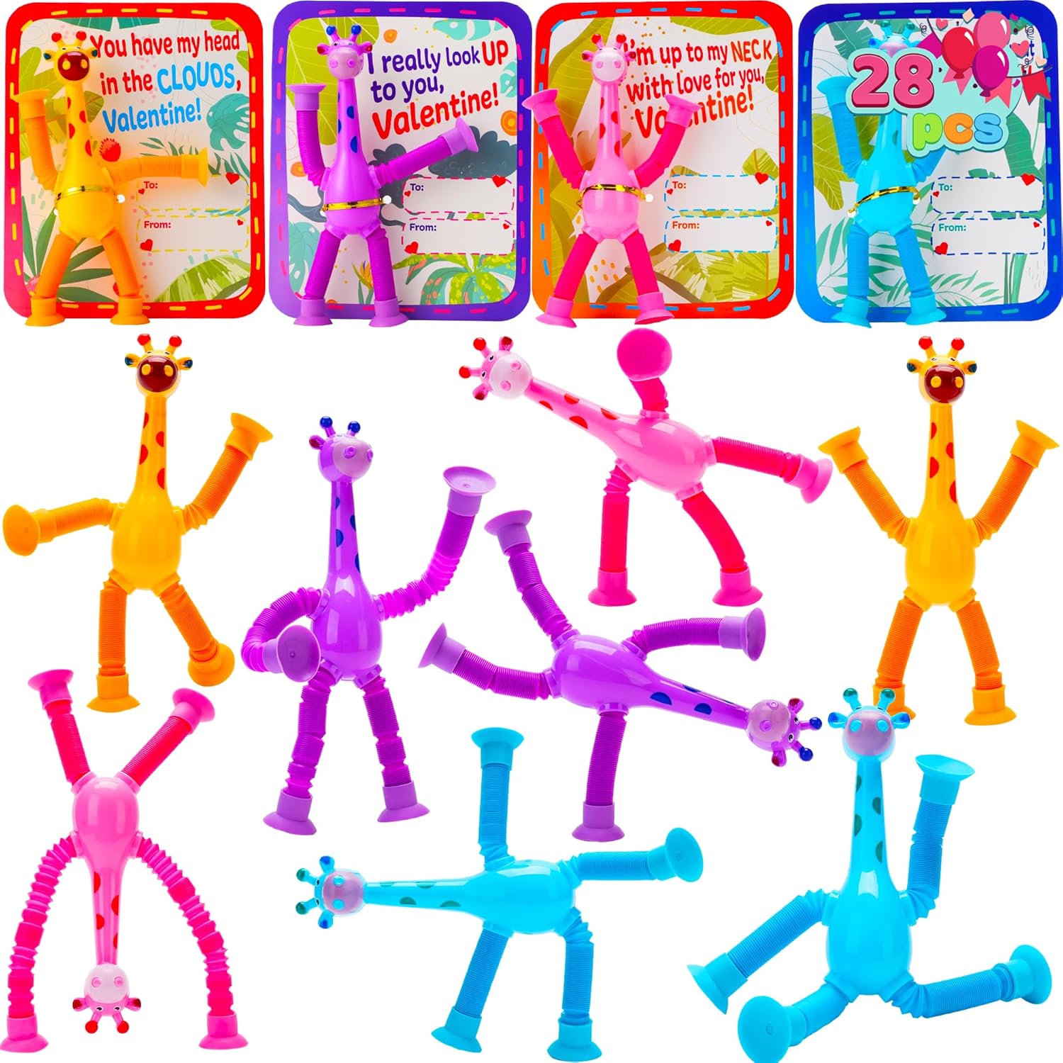 JOYIN 28 Packs Valentine's Day Telescopic Suction Pop Tubes with Cards, Classroom Exchange Gift for Kids, Kids Toys Party Favors, Love Letter Shaped