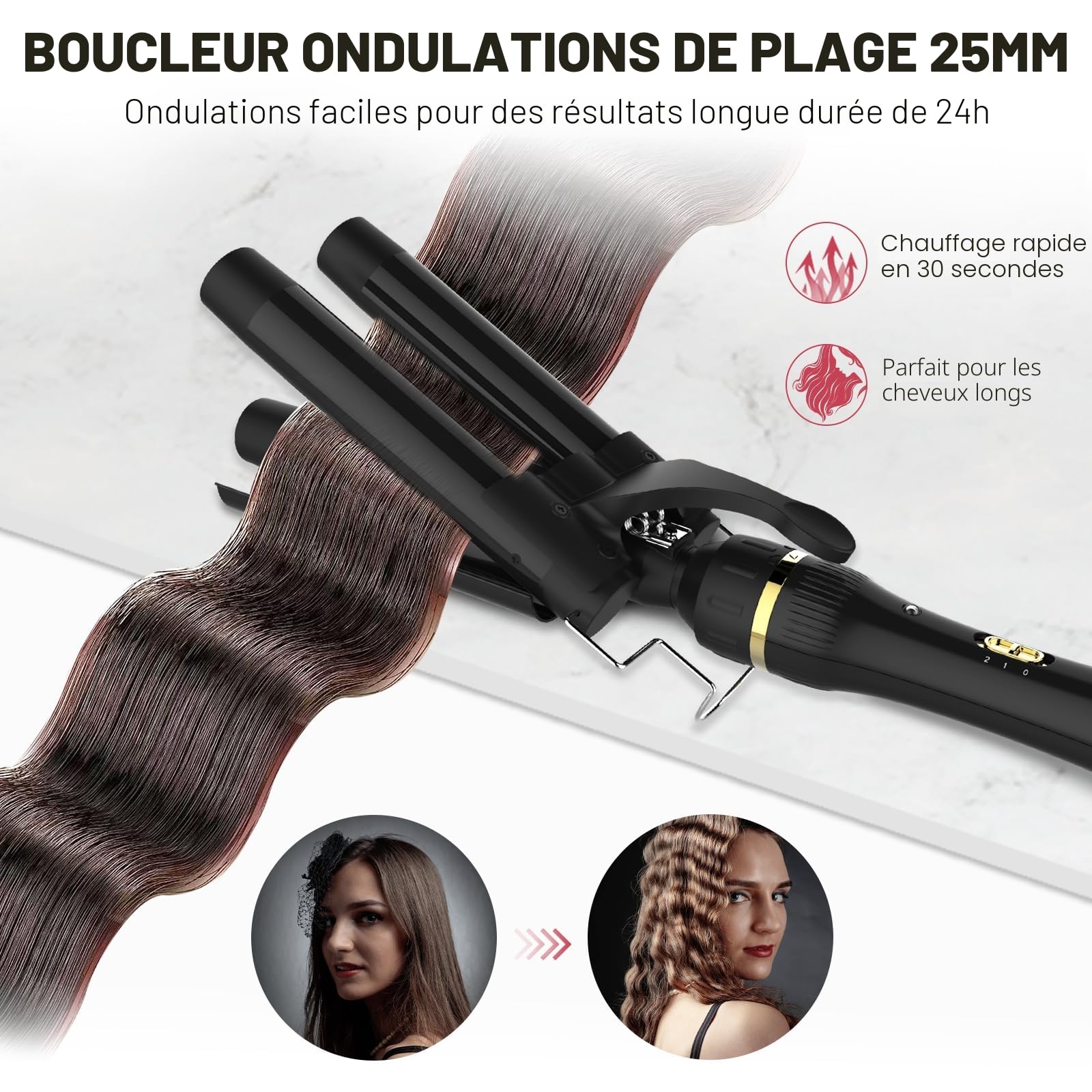 Janelove 5 en 1 Boucleur à Cheveux, 10-32mm Céramique Fer a Friser Kit avec 25mm Boucleur 3 Tete & Gants & Nylon Sac (180°C/210°C, 100-240V, Arrêt Automatique, Pour Les Voyages & Les Cadeaux) - Noir