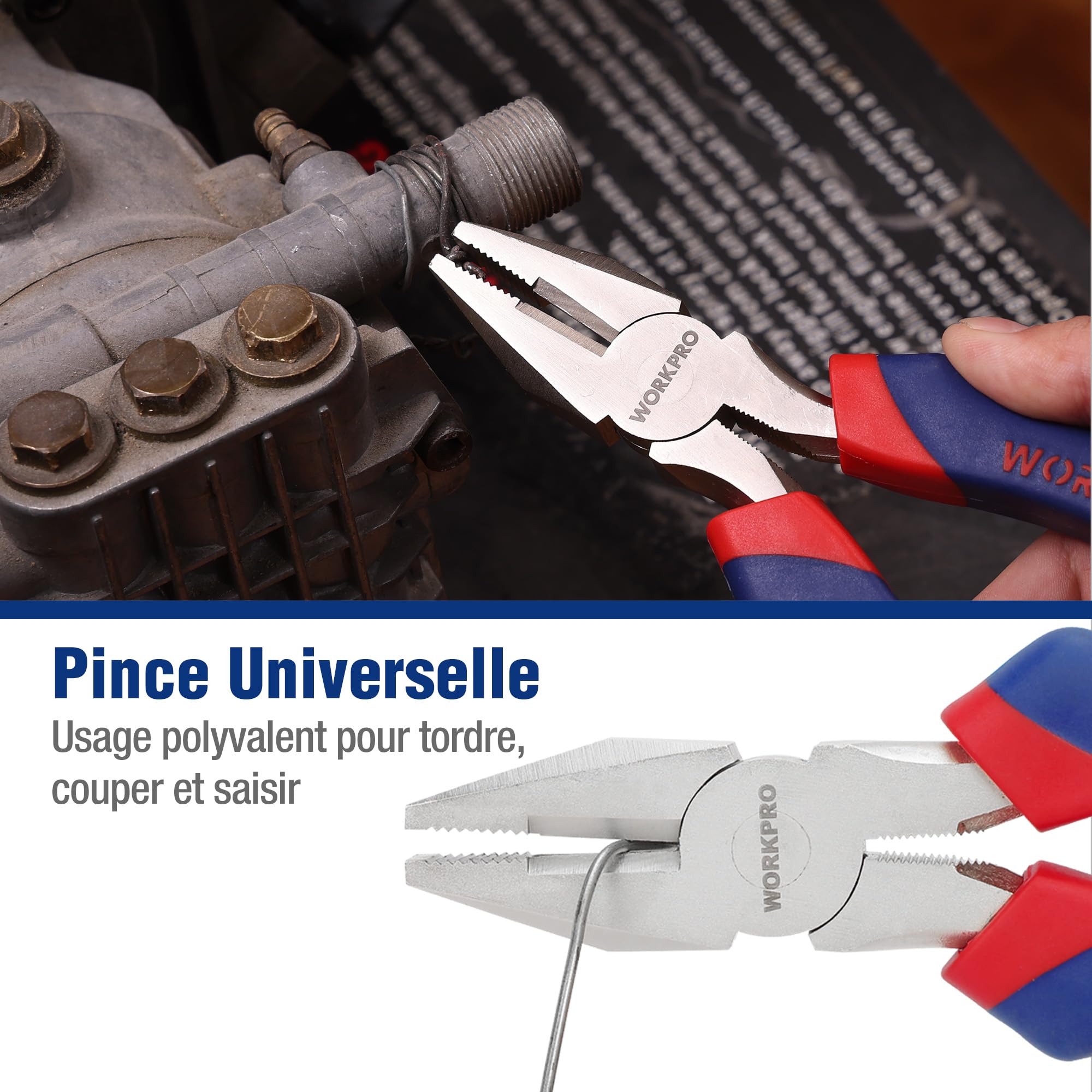 WORKPRO Jeu de Pinces en Cr-V Pince Multiprise, Pince Universelle, Pince Coupante, Pince à Bec Long et Clé à Molette pour Réparation Domestique ou Utilisation du Travail 5 Pièces