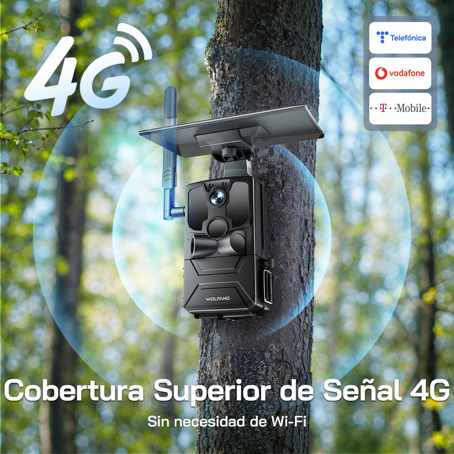 WOLFANG Cámara de Caza Solar, 4G LTE Camara Fototrampeo 2.5K con Detección PIR Nocturna por Infrarrojos Invisible, Alerta, Audio Bidireccional, IP66 para Vida Silvestre y Monitoreo de Seguridad, negro