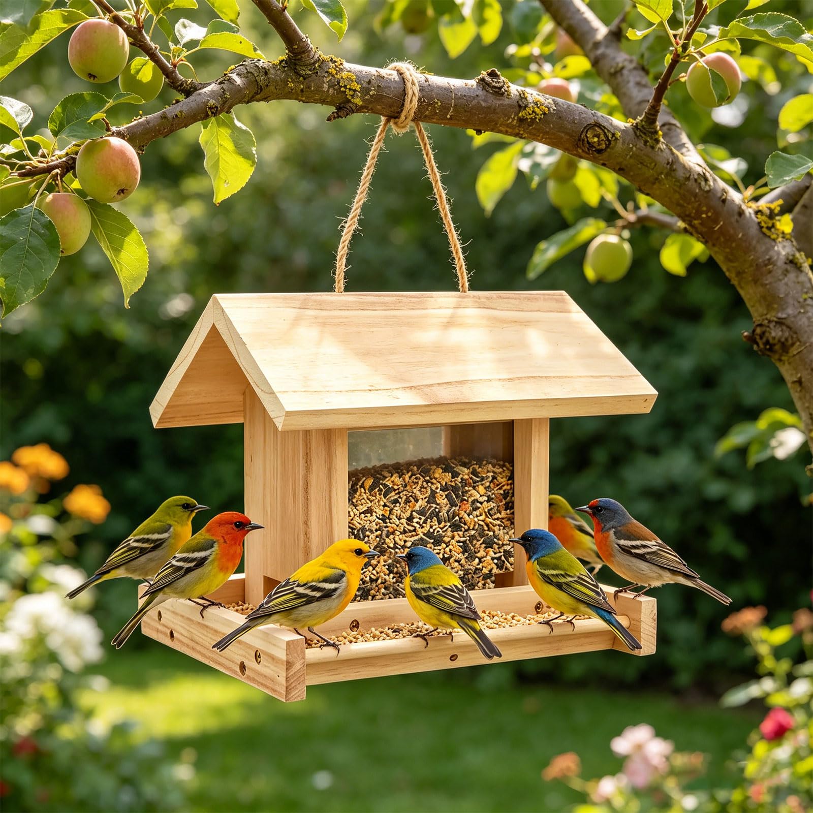 Vogelhaus aus Holz mit großem Fassungsvermögen und offenem Futterplatz und Schutzdach für den Außenbereich