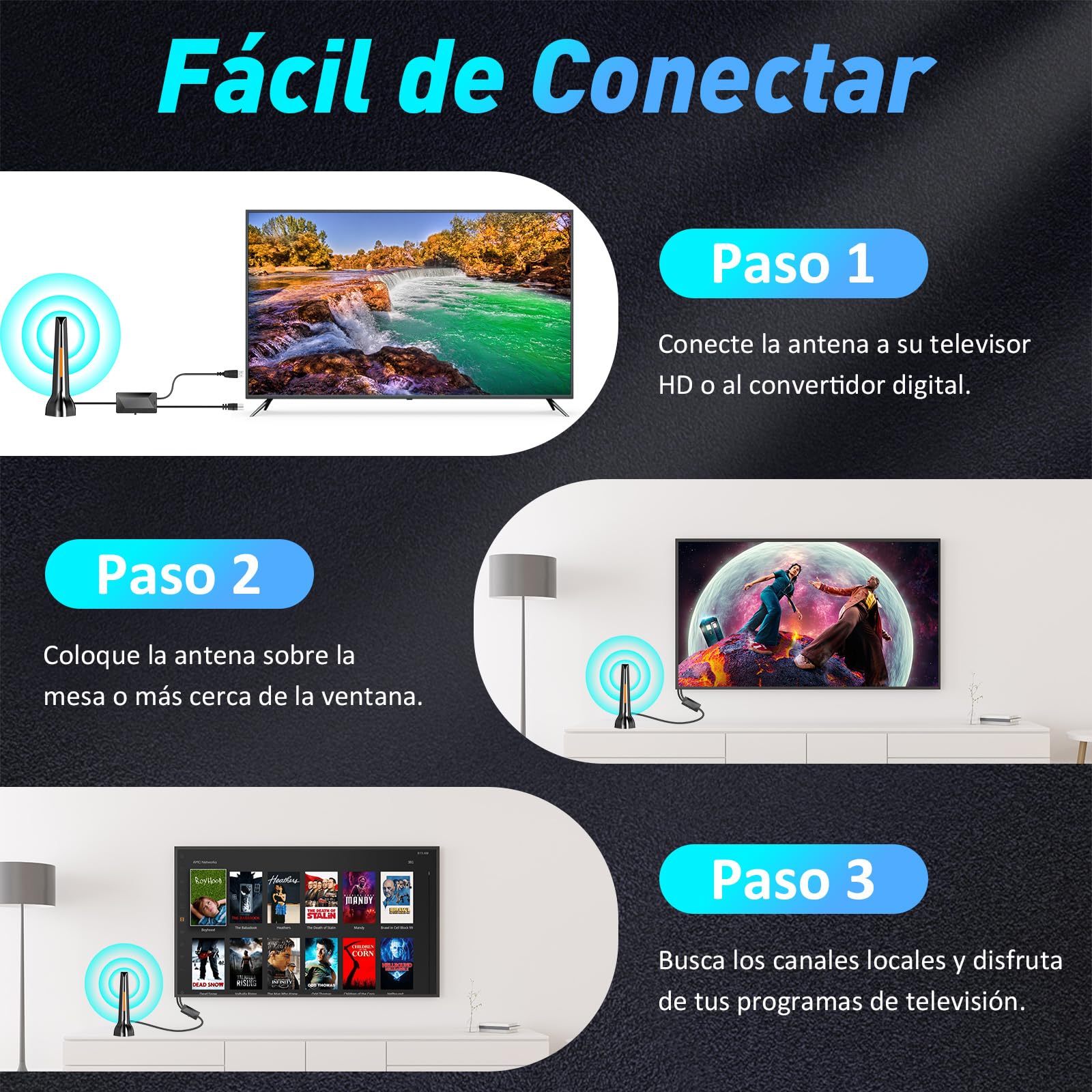 Antenna TV interna, potente antenna TV portatile con amplificatore e base magnetica, 80 KM+ ricezione a lunga distanza, compatibile con 4K 1080P DTMB DVB-T2 DVB-T DVB-T - All TVs