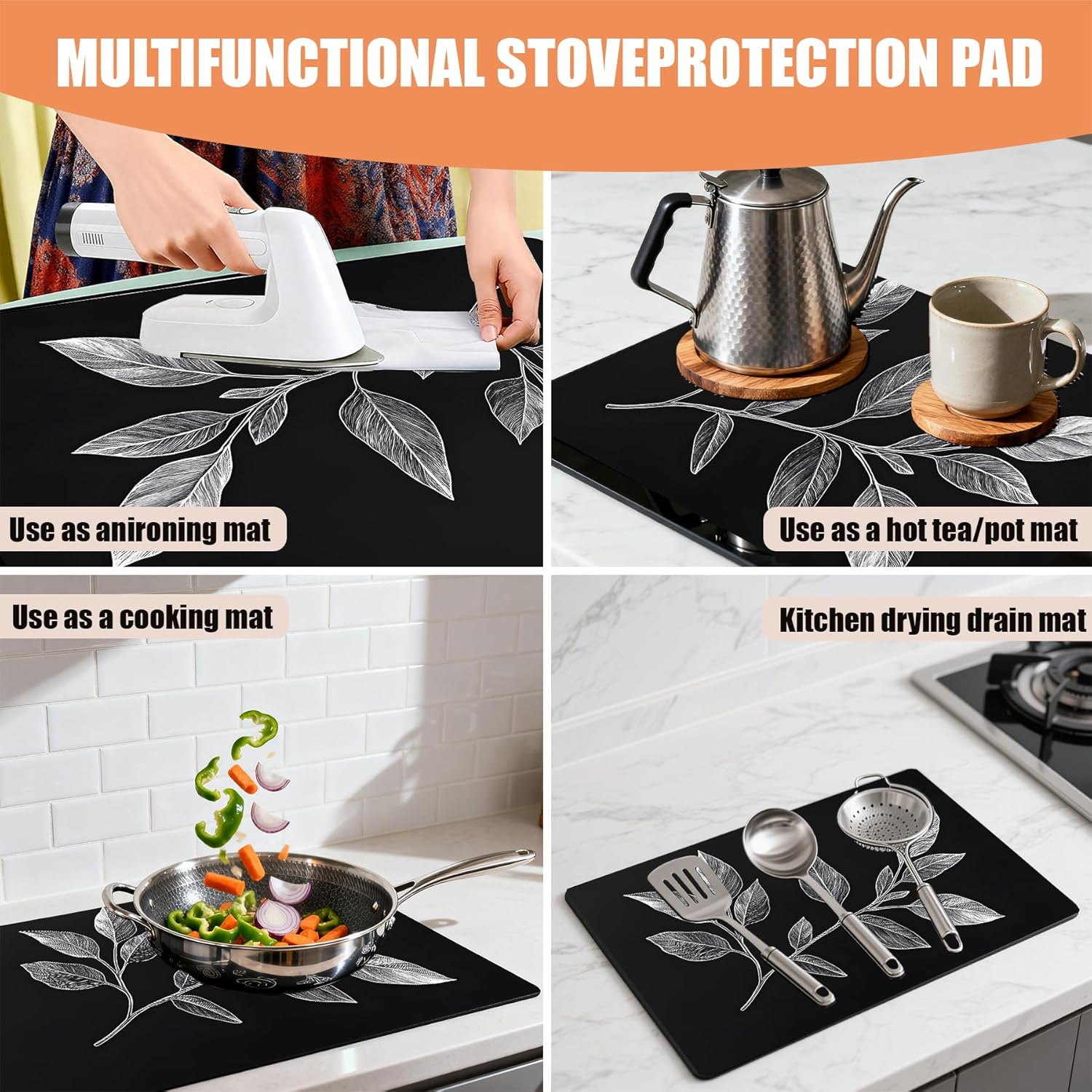 Anti-Slip Electric Stove Top Cover, 28"x20" Foldable Heat-Resistant Glass Stove Top Cover Protector, Multi-Scenario Use Dish Drying Mat, Leaves