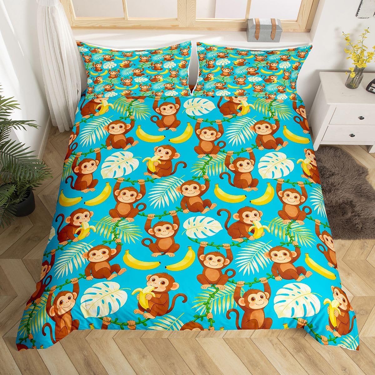 Feelyou Cartoon Monkeys Bedding Set for Girls Boys Children 3D Kawaii Animals Blue Pattern Comforter Cover Botanical Branches Duvet Cover Room Decor Bedspread Cover Twin Size Bedding Collection 2Pcs