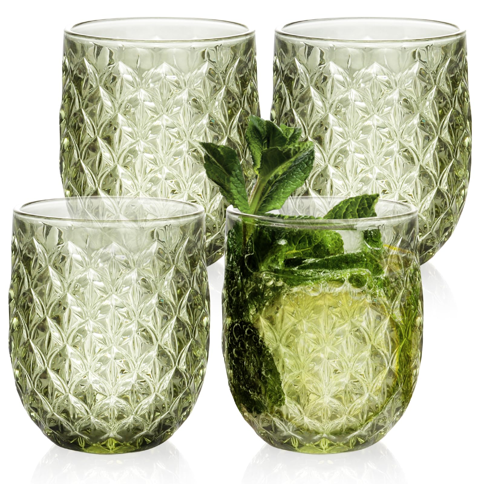 Drinking Glasses Set of 4 - 360ml/12oz Vintage Tumbler Glasses - Decorative Floral Embossed Water Glasses - Heavy Duty Glassware Beverages Tumblers for Whisky, Beer, Juice, Wine (Upgraded - Green)