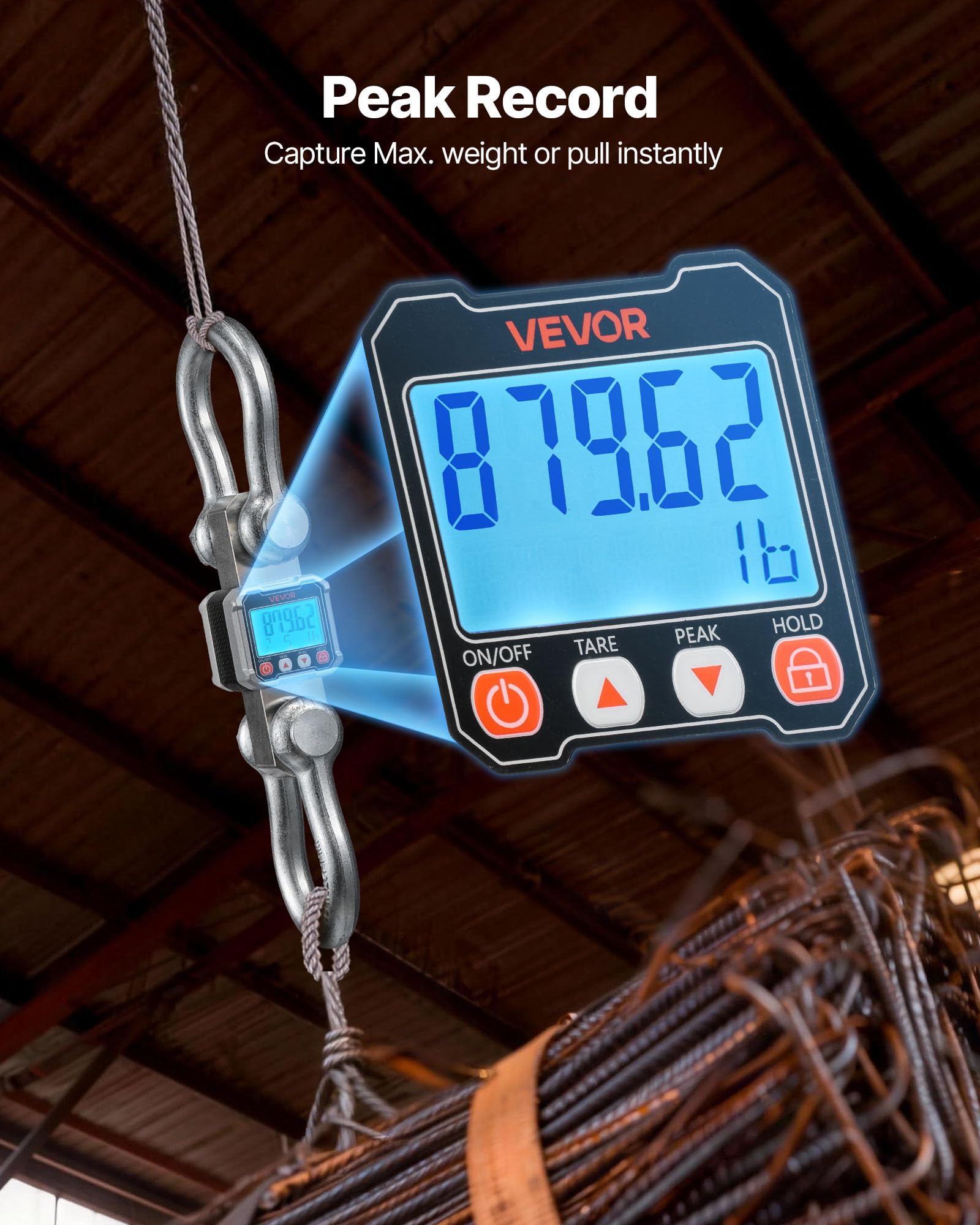 VEVOR Báscula Colgante Digital Carga Máxima 10 T, Resolución 2 kg con Tara, Aluminio Fundido, Pantalla LCD, Retención de Pico Datos, Escala Digital de Grúa Portátil para Pesca Taller Granja Almacén
