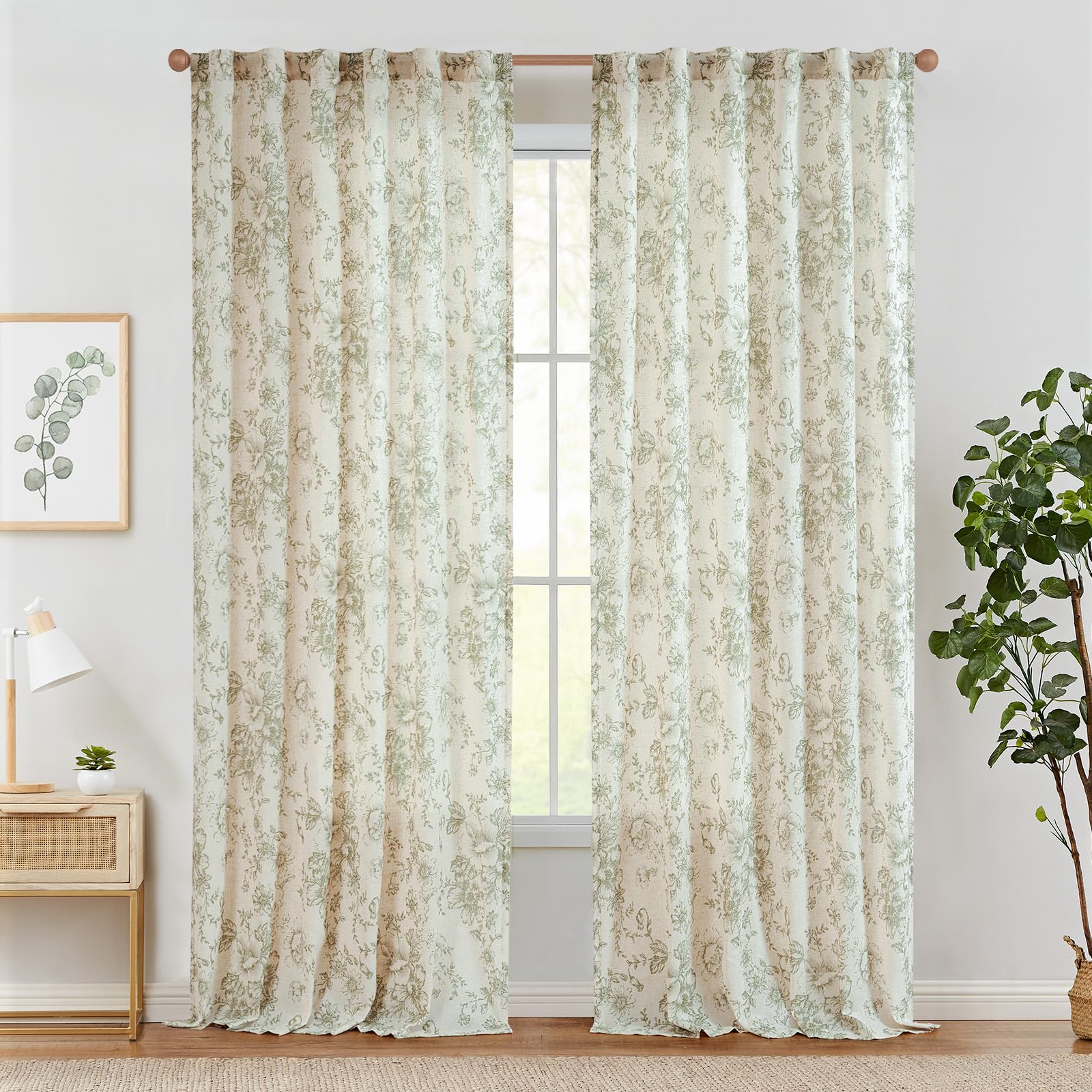 TOPICK Linnen gordijnen, bloemen gordijnen met verborgen lussen, lichtdoorlatend, boerderij, lange gordijnen, raamsjaal voor woonkamer, slaapkamer, raam, set van 2, 140 x 225 H (cm), groen op beige TOPICK Linnen gordijnen, bloemen gordijnen met verborgen lussen, lichtdoorlatend, boerderij, lange gordijnen, raamsjaal voor woonkamer, slaapkamer, raam, set van 2, 140 x 225 H (cm), groen op beige