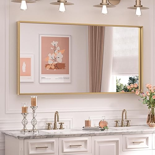 TETOTE Espejo de baño dorado cepillado de 48 x 24 pulgadas, espejo rectangular con marco dorado para tocador de baño, espejo de pared grande y