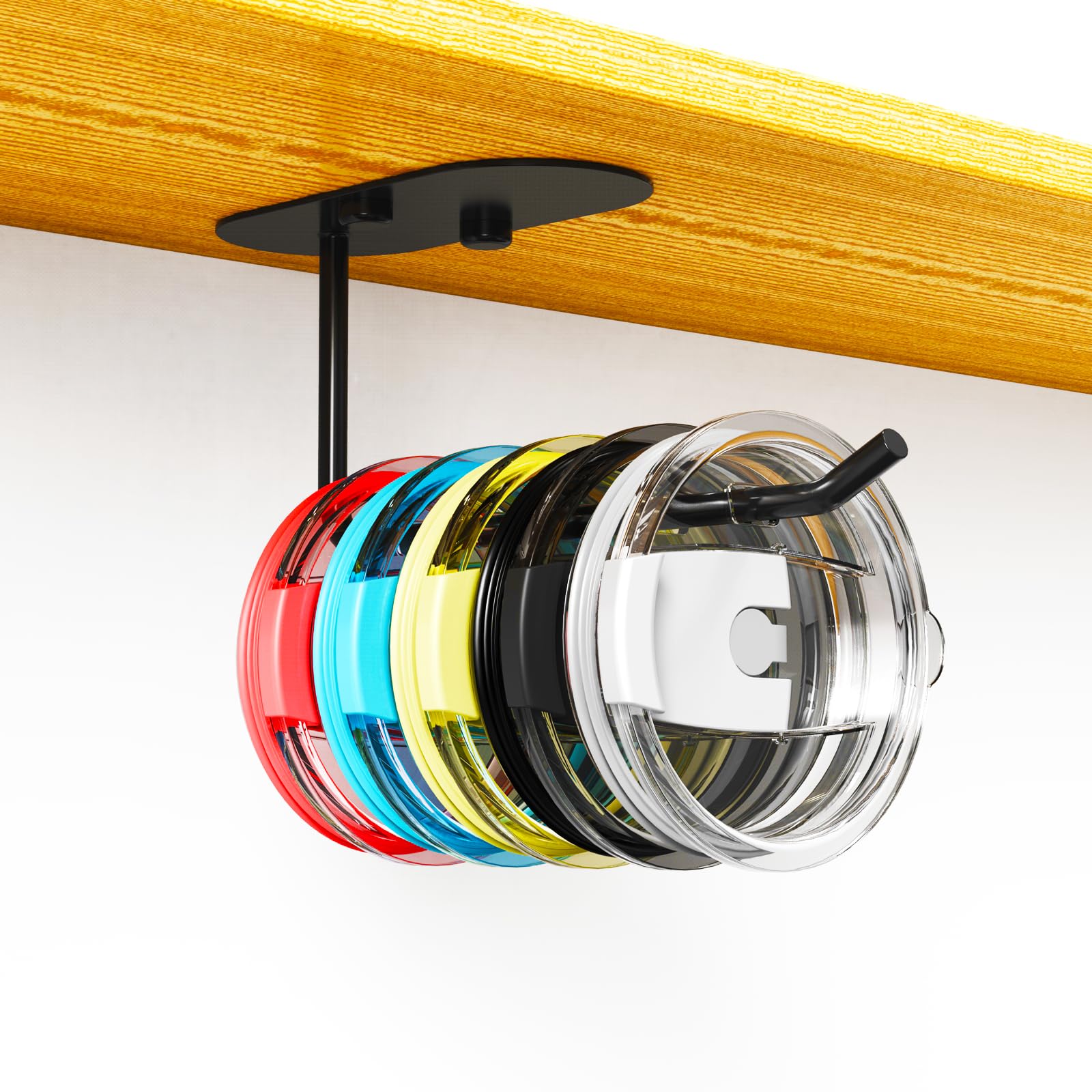 FODARSAI Under Cabinet Tumbler Lid Organizer, Stainless Steel Cup Lid Organizer, Self Adhesive or Drilling Tumbler Lid Storage Hook, Tumbler Lid Holder Wall Mount for Kitchen Cabinet (Black), 1 Pack