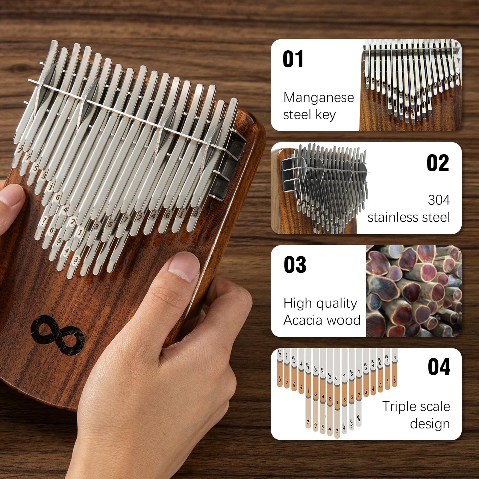 Kalimba Daumenklavier 42 Tasten - Tragbares Fingerpiano mit Stimmhammer, Anleitung & Tasche, Ideales Geschenk für Anfänger & Profis, Massives Akazienholz